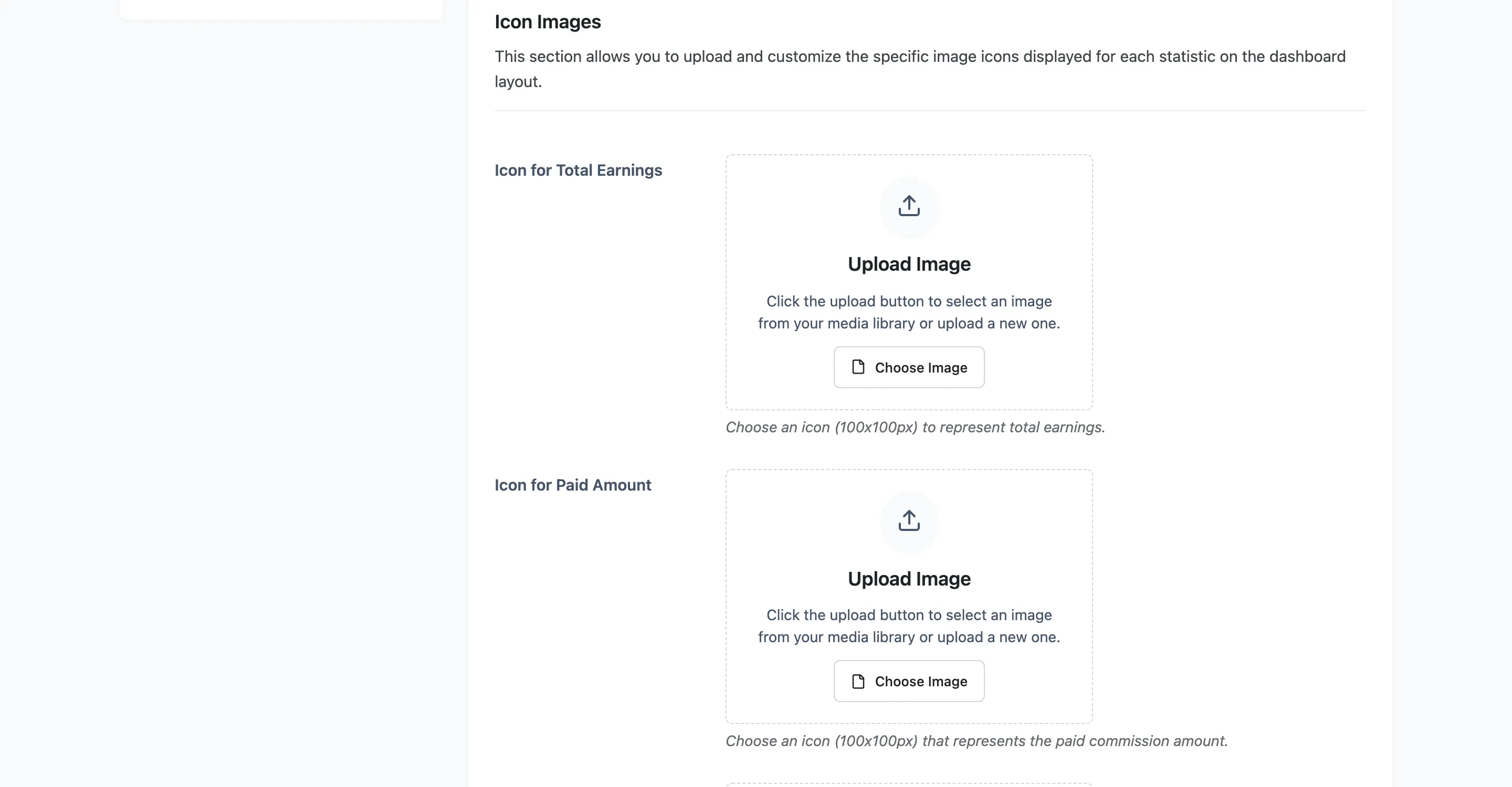 The Icon Images section with an upload field and preview per statistic card