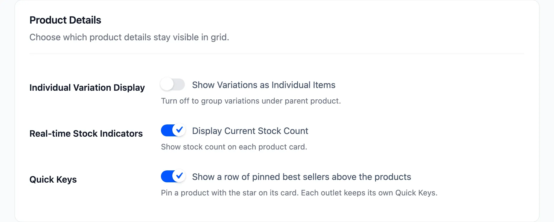 The Product Details section with the variation and stock display settings