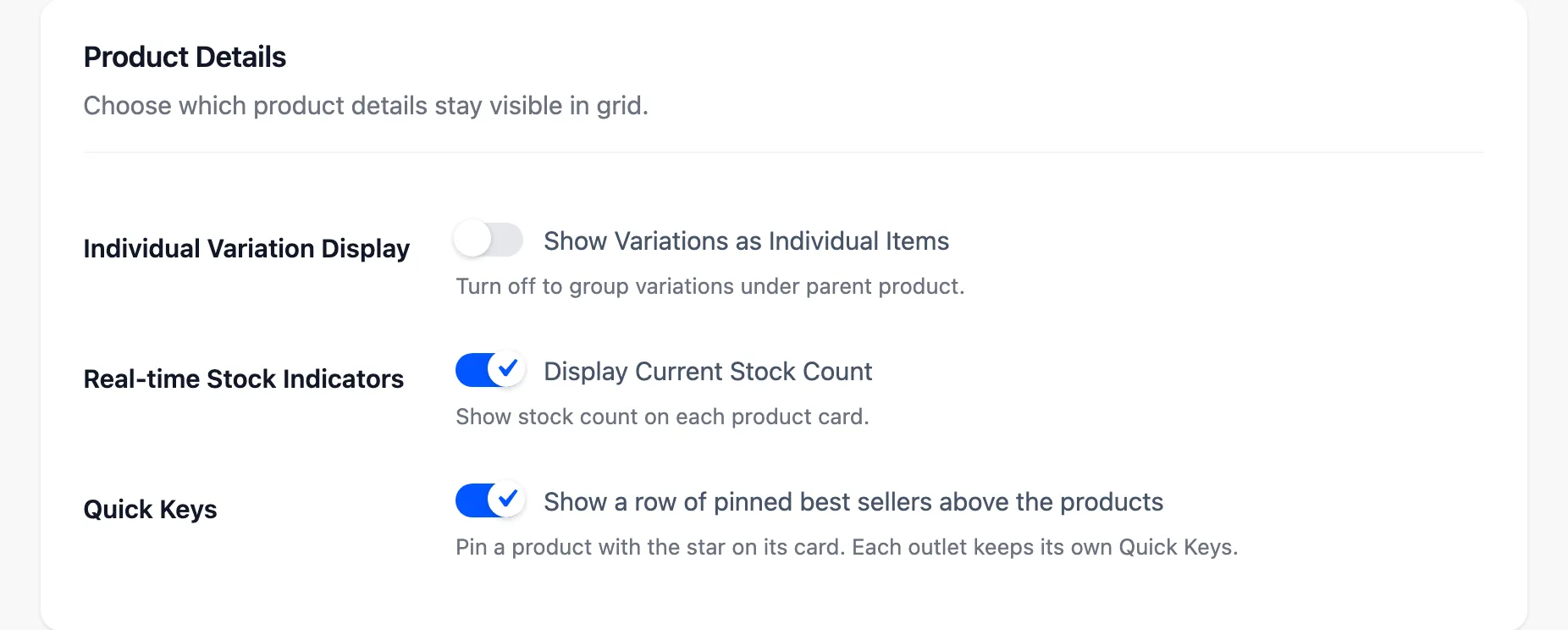 The Product Details section with the variation and stock display settings