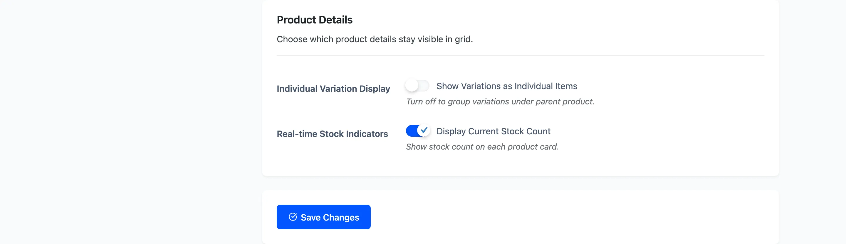 The Product Details section with the variation and stock display settings