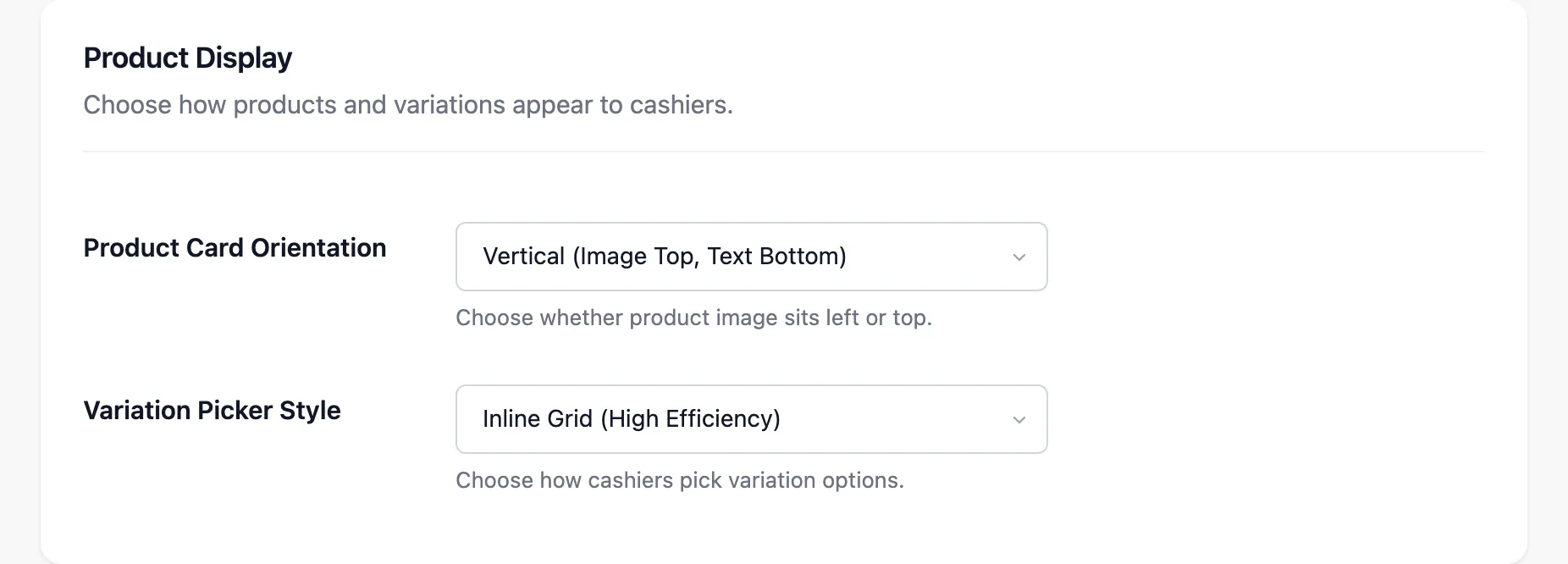 The Product Display section with the card orientation and variation picker fields