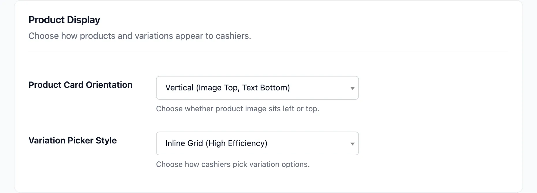 The Product Display section with Product Card Orientation and Variation Picker Style