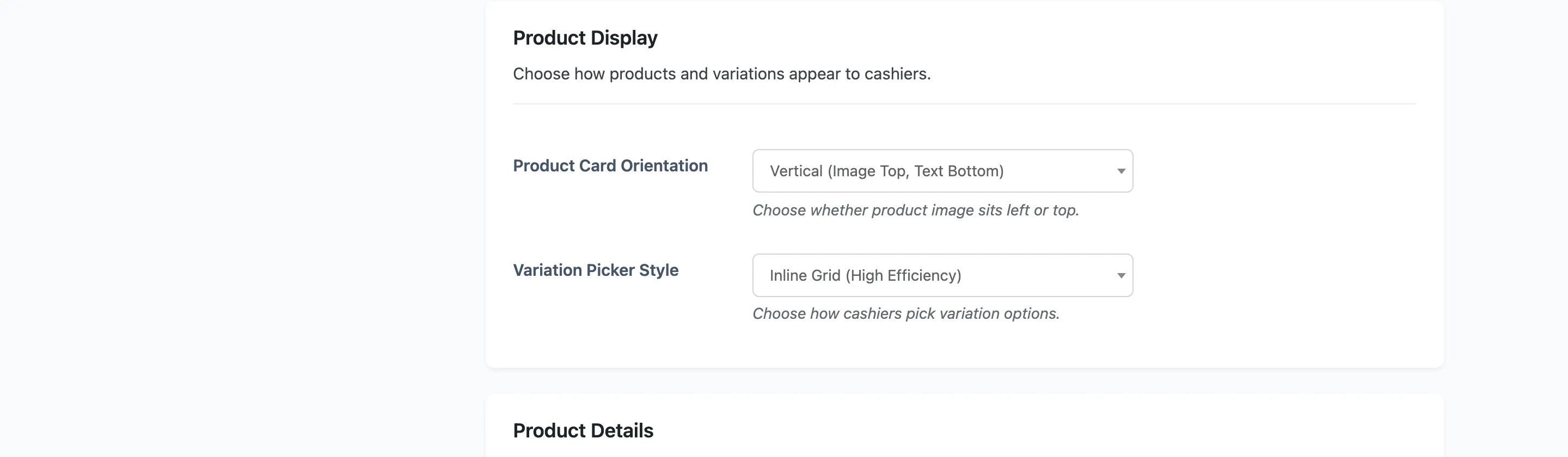 The Product Display section with the card orientation and variation picker fields