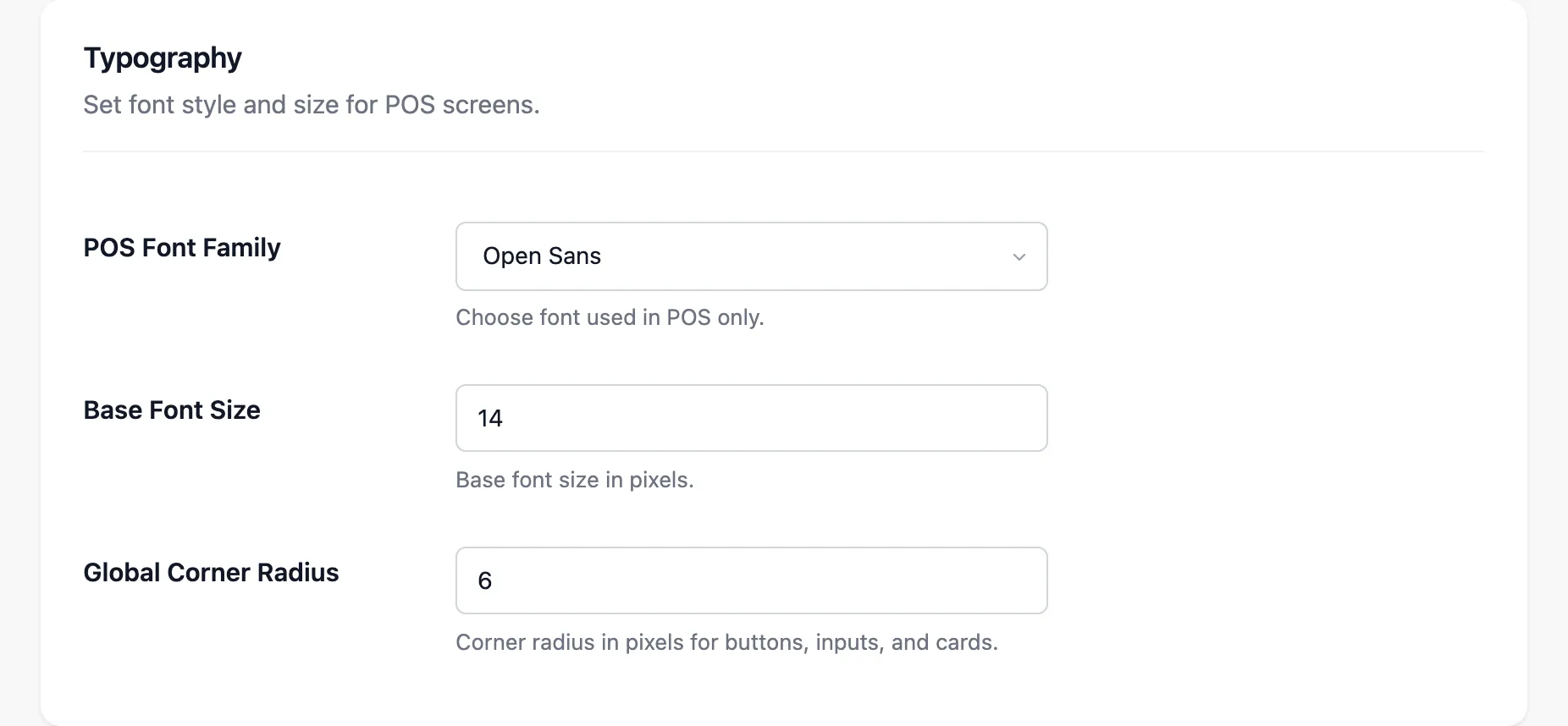 The Typography section with the font family, size and corner radius fields
