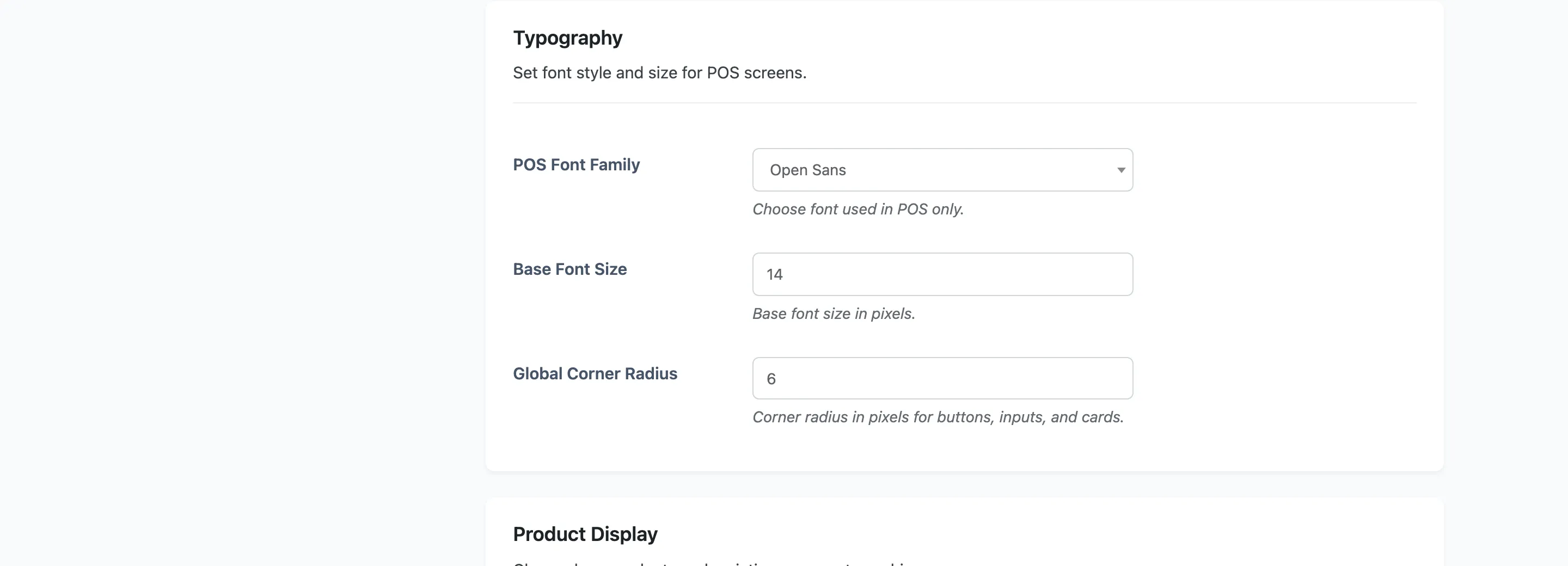 The Typography section with the font family, size and corner radius fields