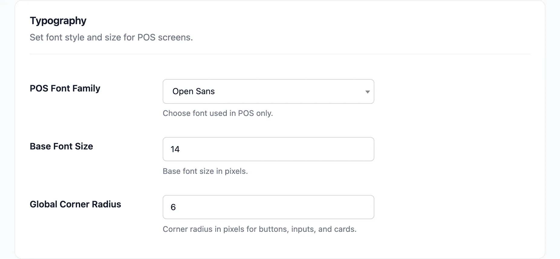 The Typography section with the font family, size and corner radius fields