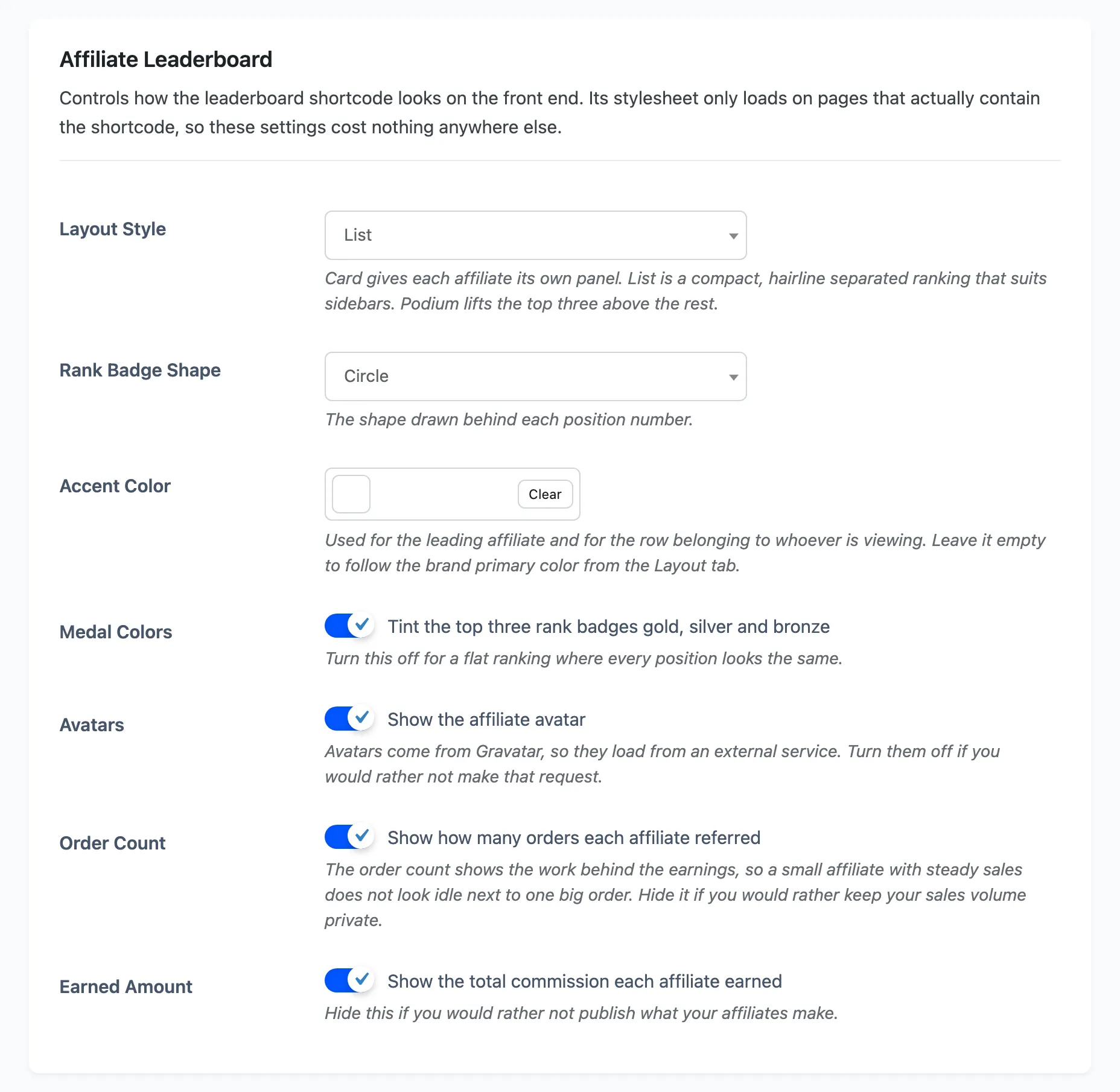 The Affiliate Leaderboard appearance settings on the General settings tab