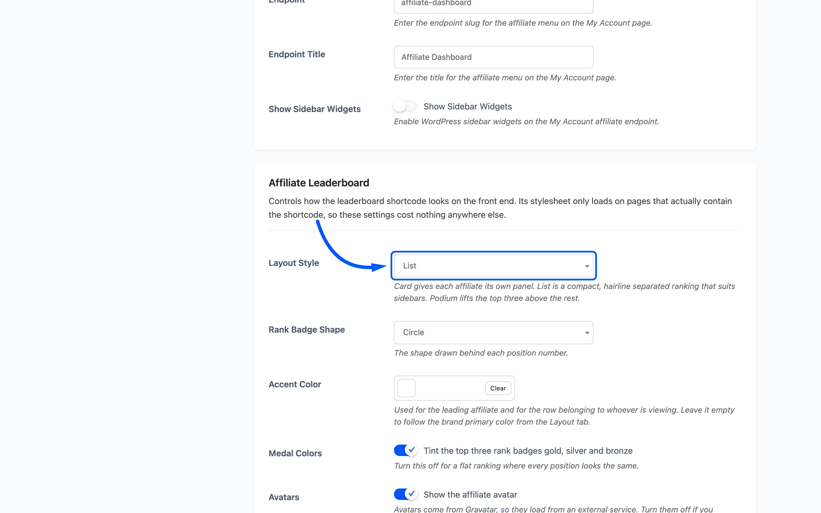 The Layout Style dropdown highlighted