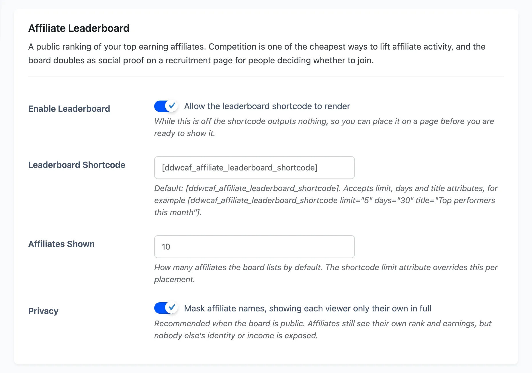 The Affiliate Leaderboard section of the Shortcodes settings tab