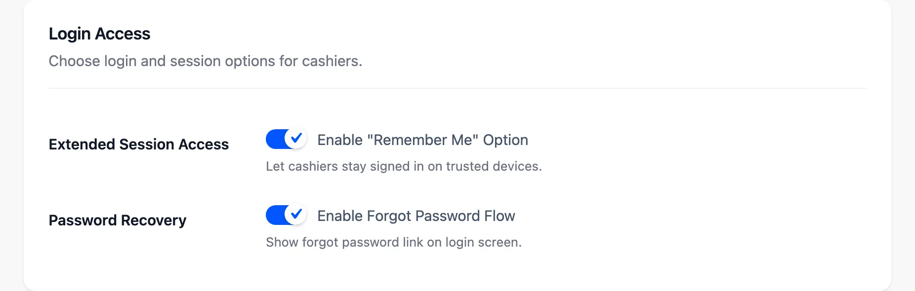 The Login Access section with the Remember Me and Forgot Password options