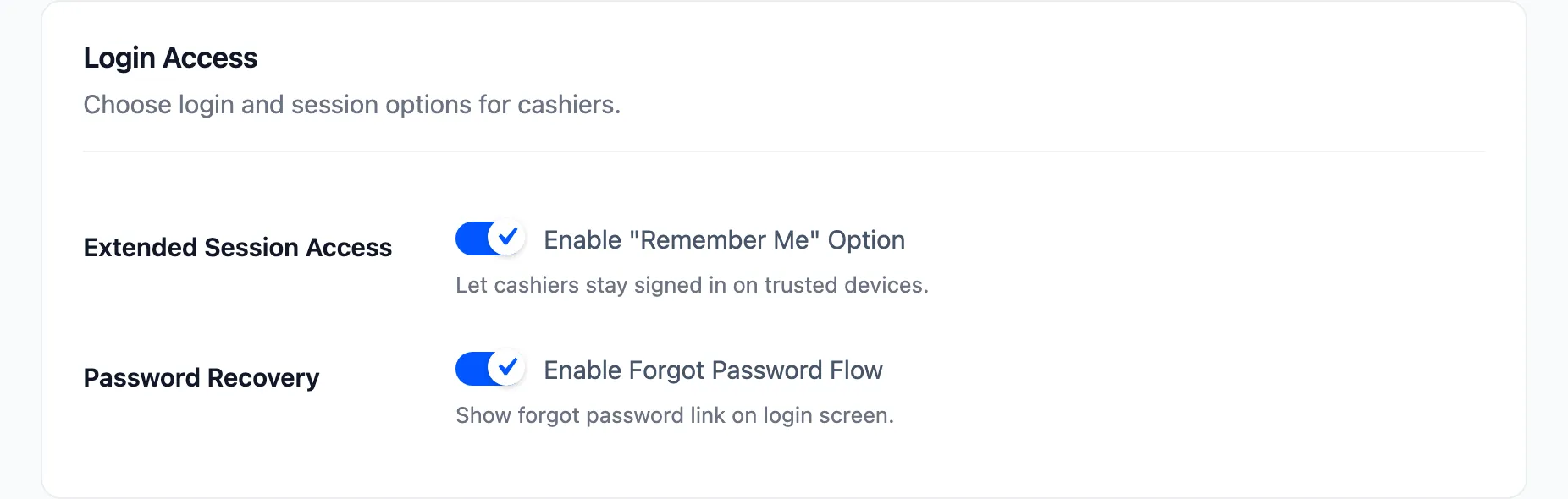 The Login Access section with the Remember Me and Forgot Password options