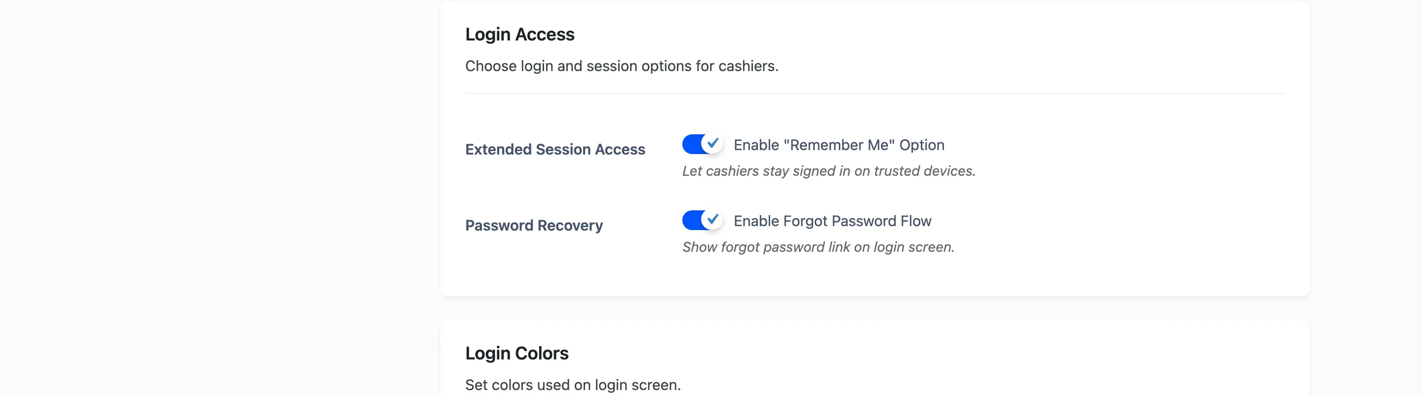 The Login Access section with the Remember Me and Forgot Password options