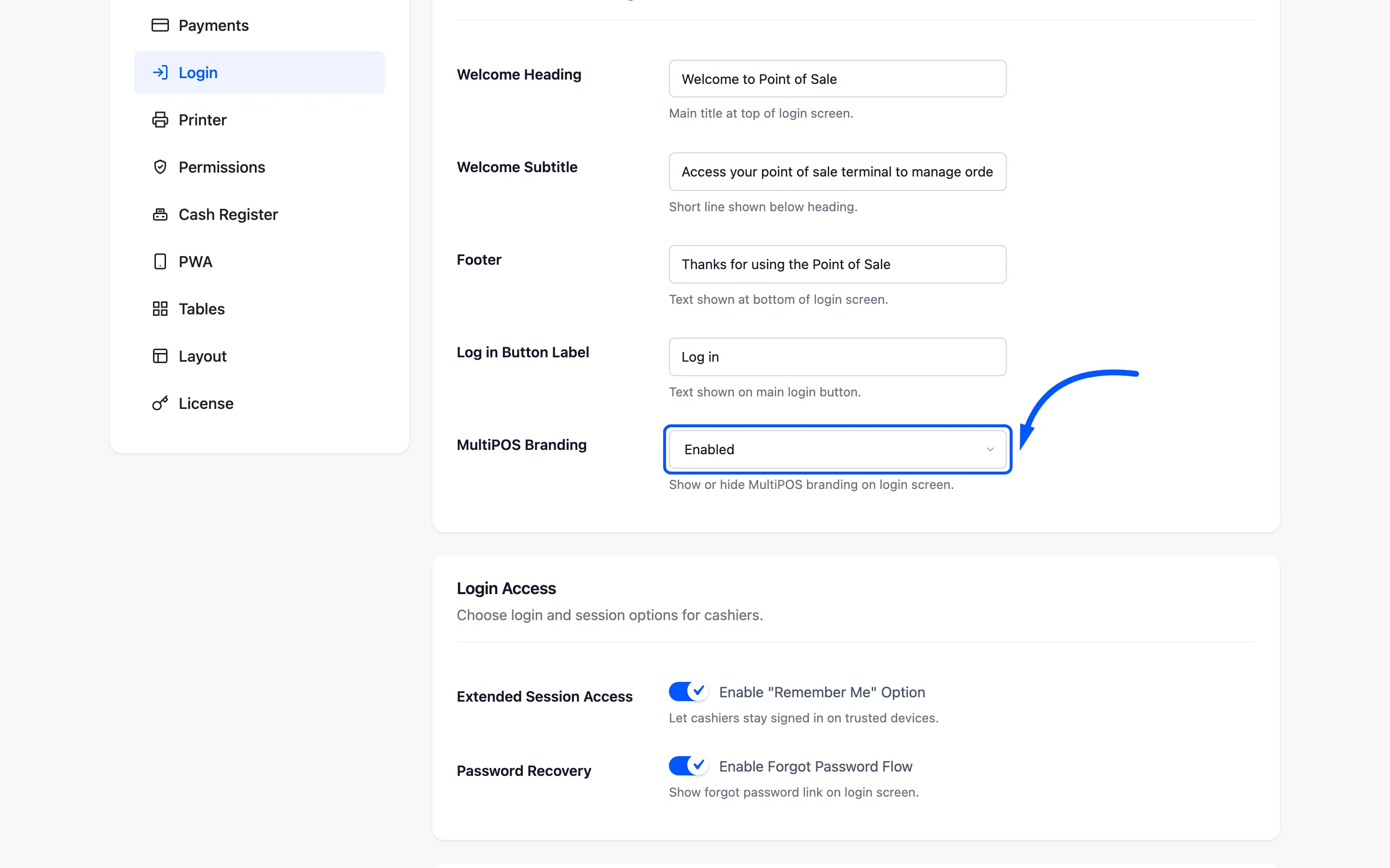 The MultiPOS branding setting on the login configuration tab
