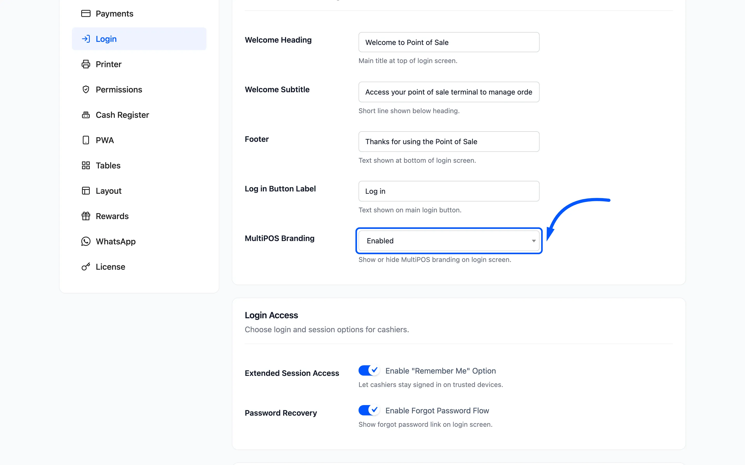 The MultiPOS branding setting on the login configuration tab