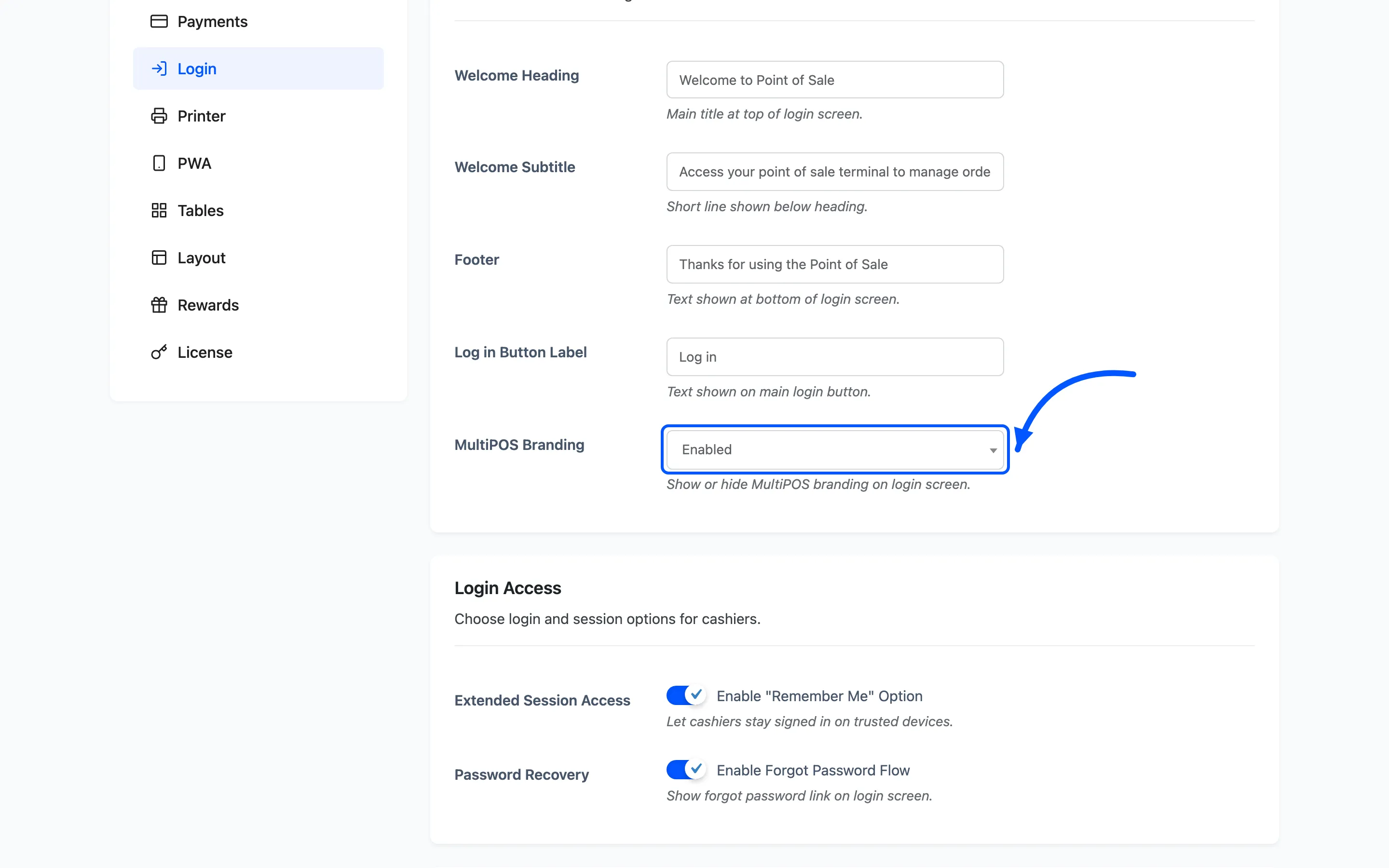 The MultiPOS branding setting on the login configuration tab