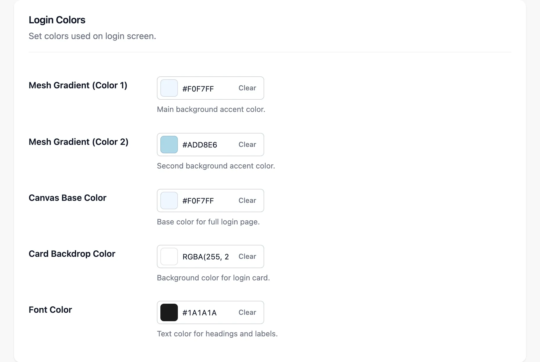 The Login Colors section with the five colour pickers