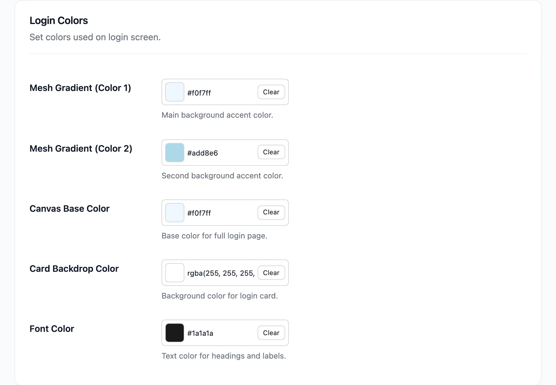 The Login Colors section with the five colour pickers