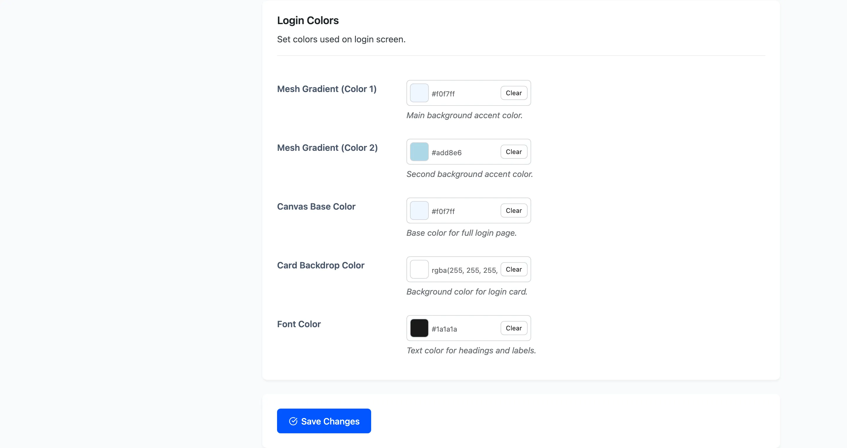 The Login Colors section with the five colour pickers