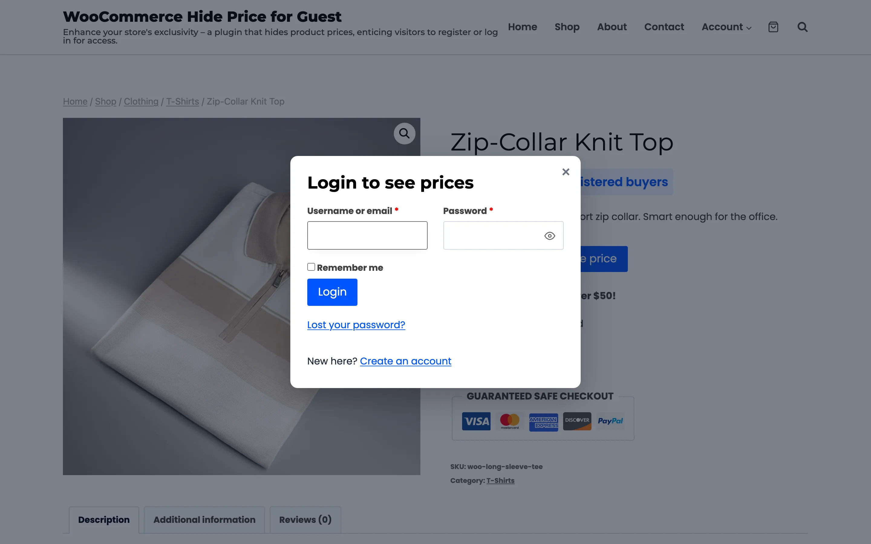 The login popup over the product page