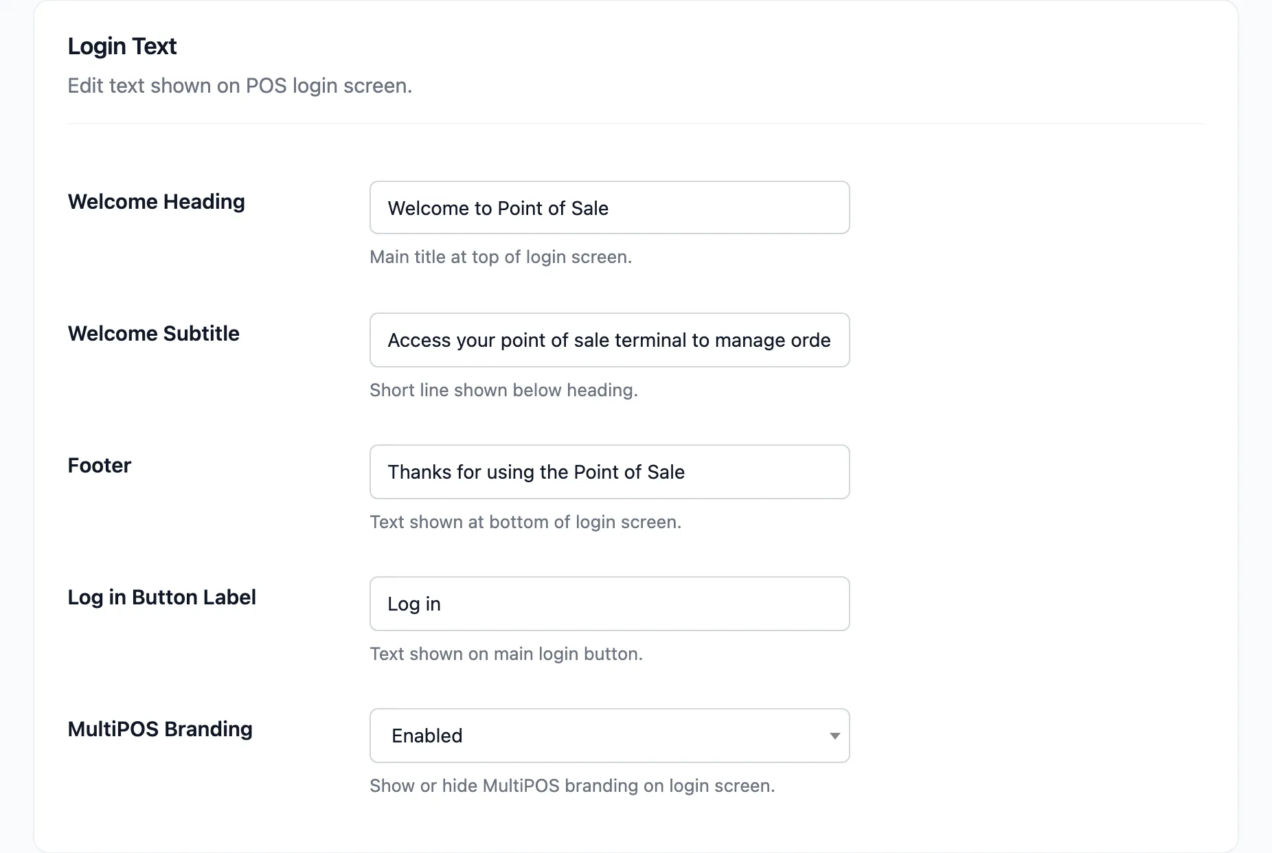 The Login Text section with the heading, subtitle, footer and button label fields