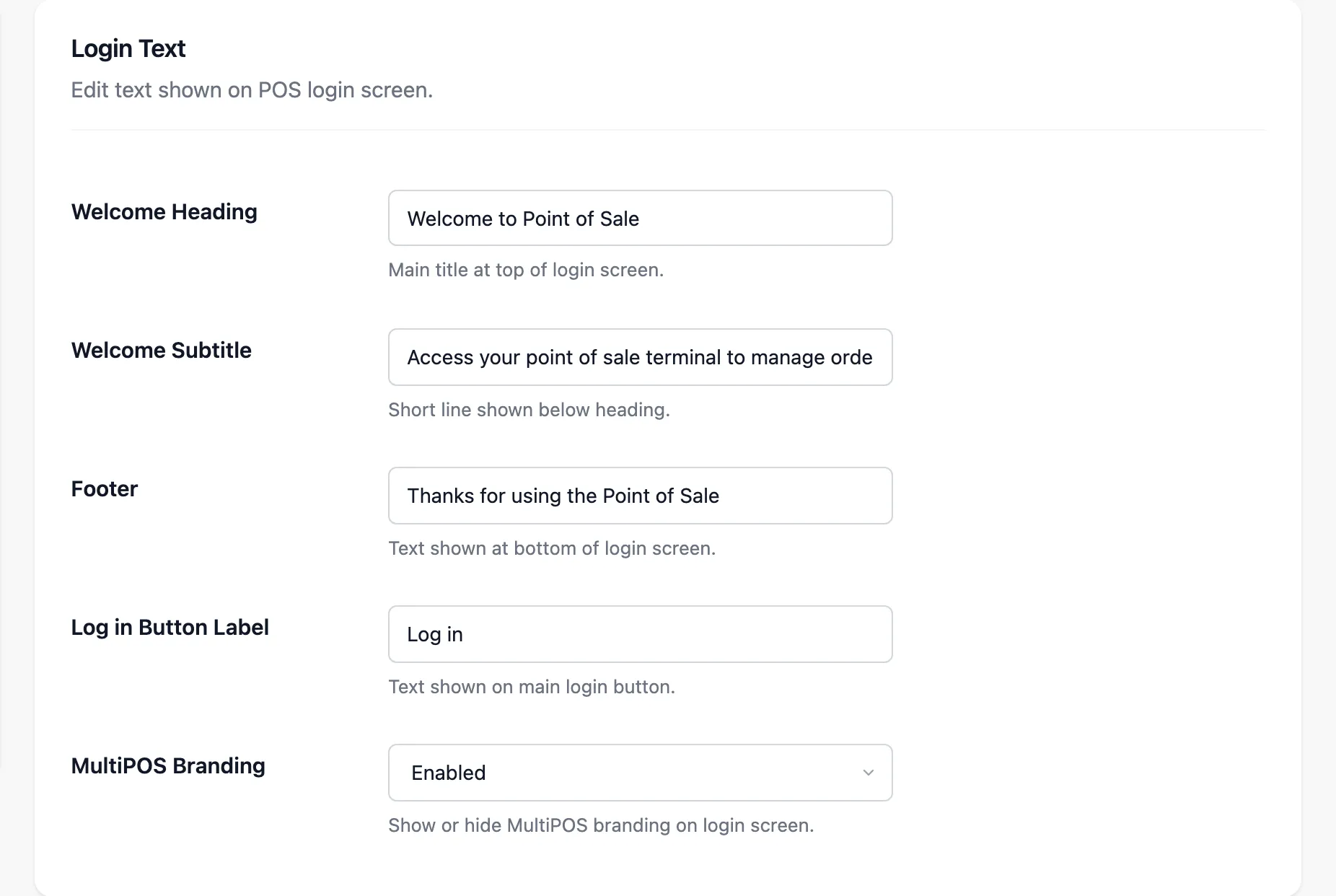 The Login Text section with the heading, subtitle, footer and button label fields