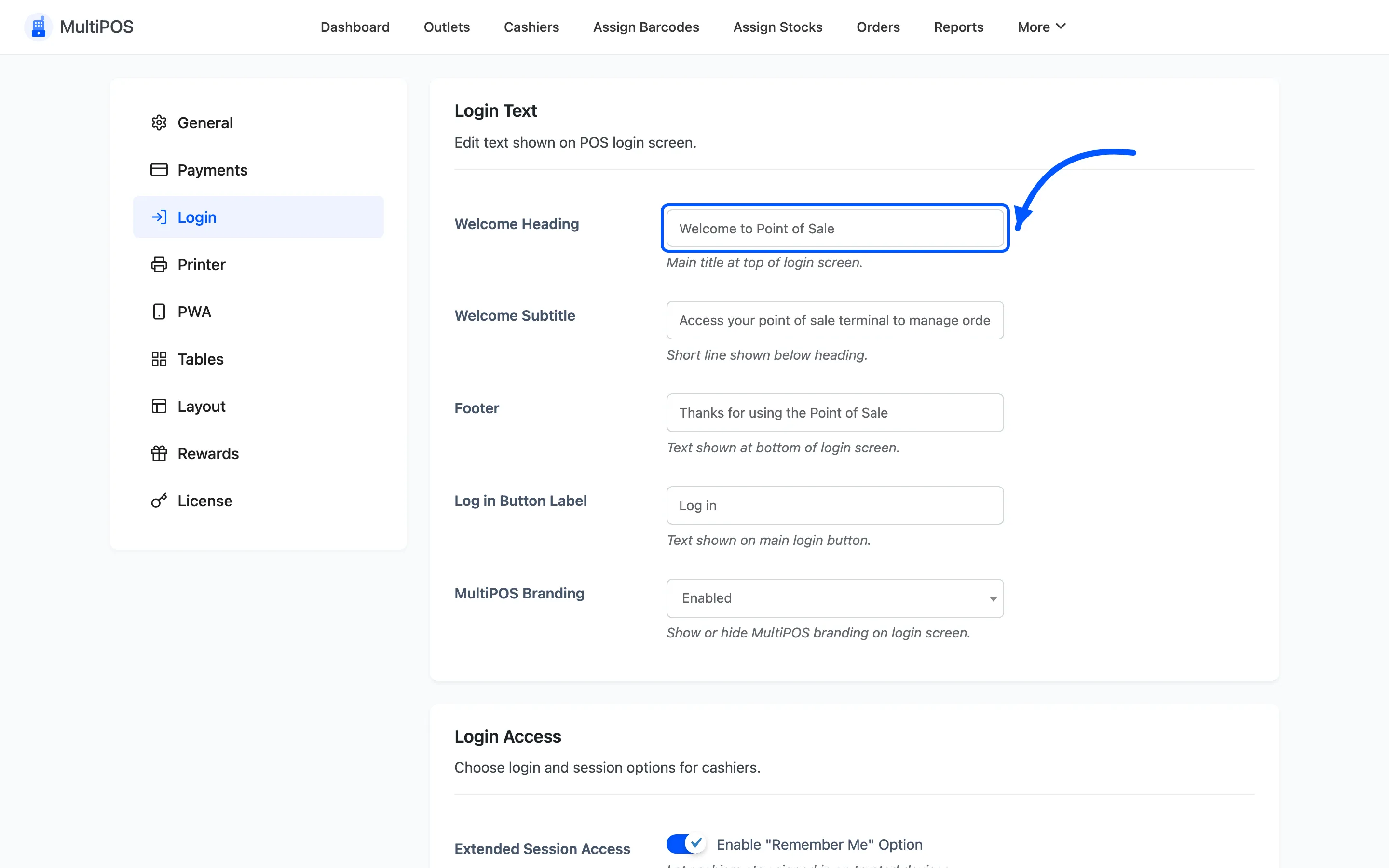 The Welcome Heading field on the login configuration tab