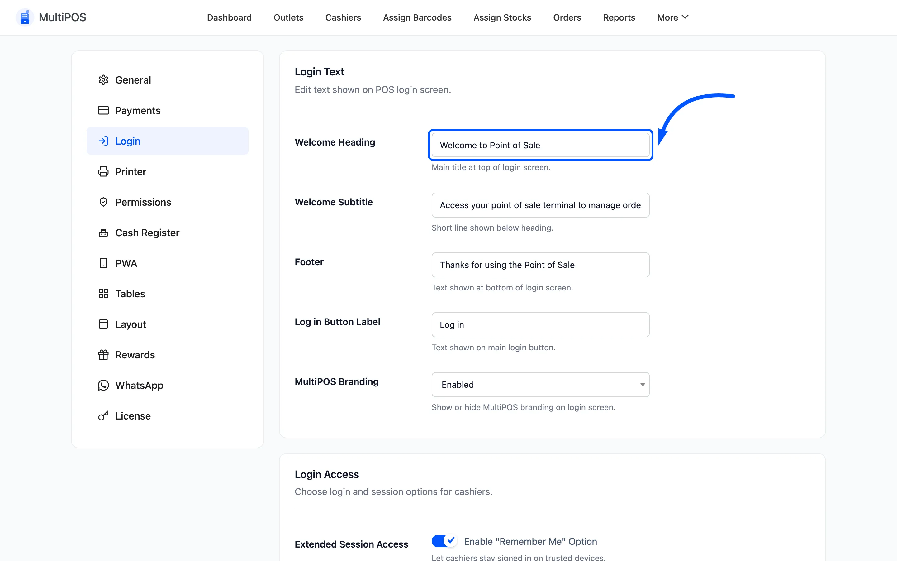 The Welcome Heading field on the login configuration tab