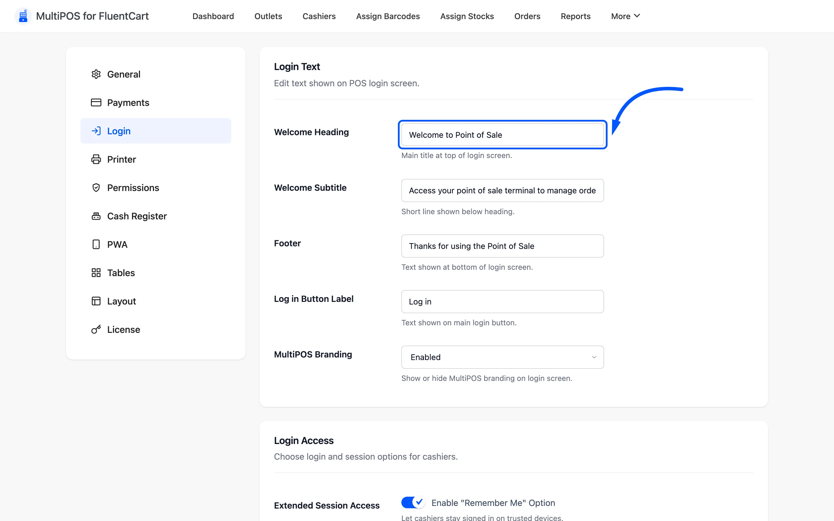 The Welcome Heading field on the login configuration tab
