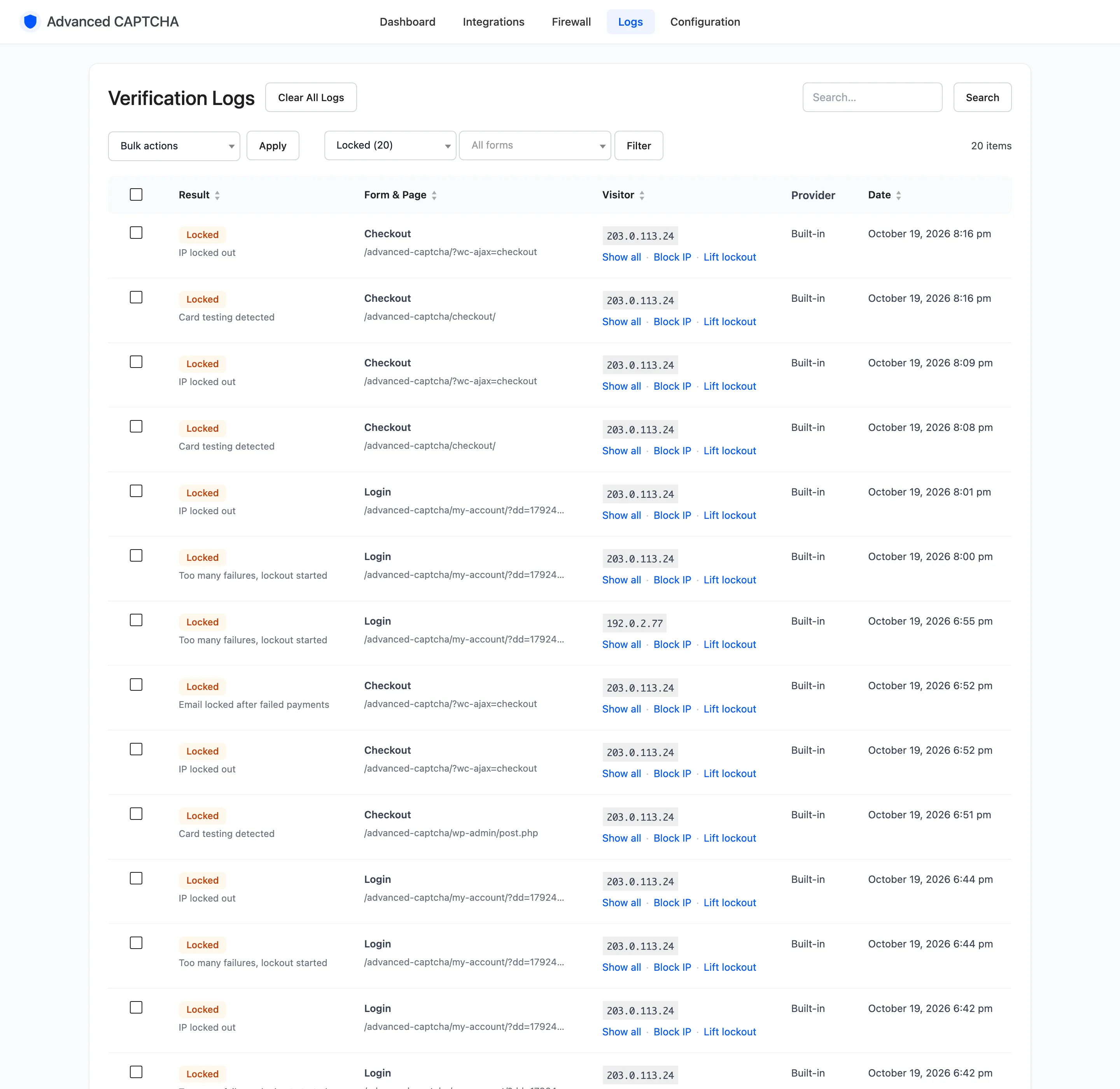 The log filtered to Locked results