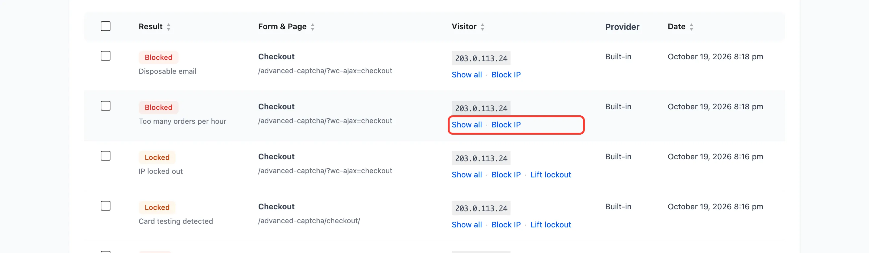 The IP actions under a visitor in the log