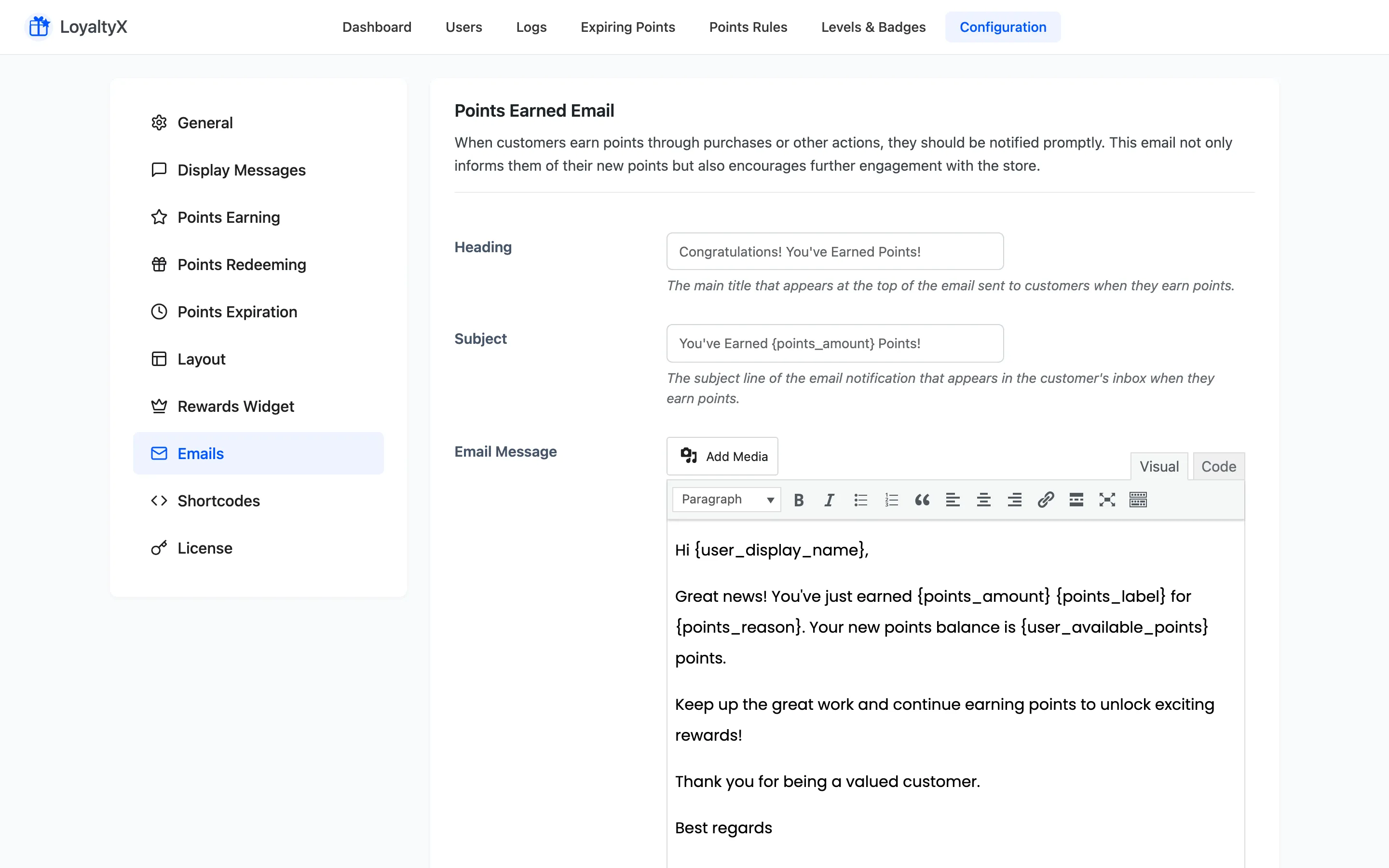 The LoyaltyX Email settings listing each points email
