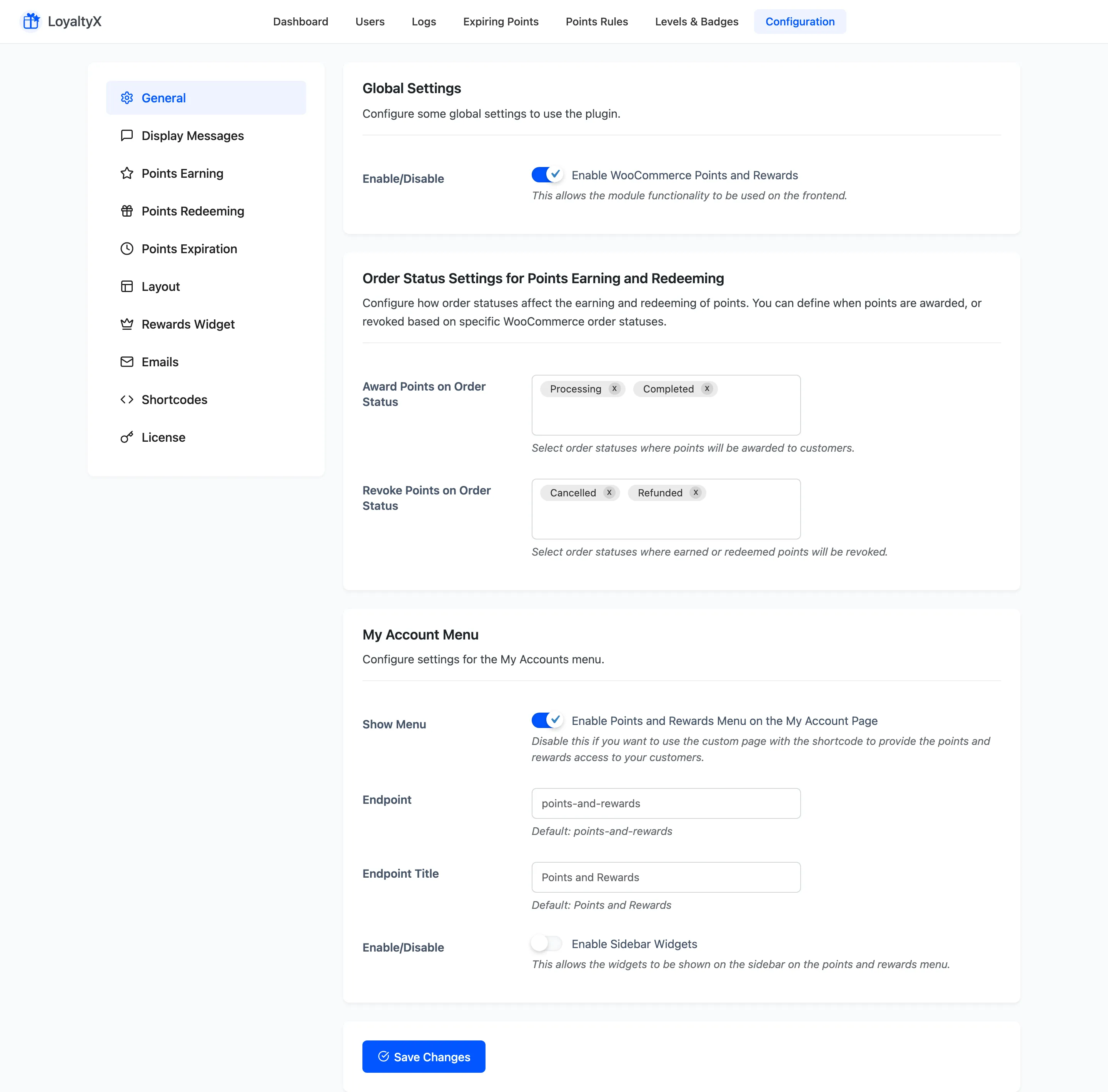 The LoyaltyX General settings tab showing the enable toggle, order-status rules and My Account menu options