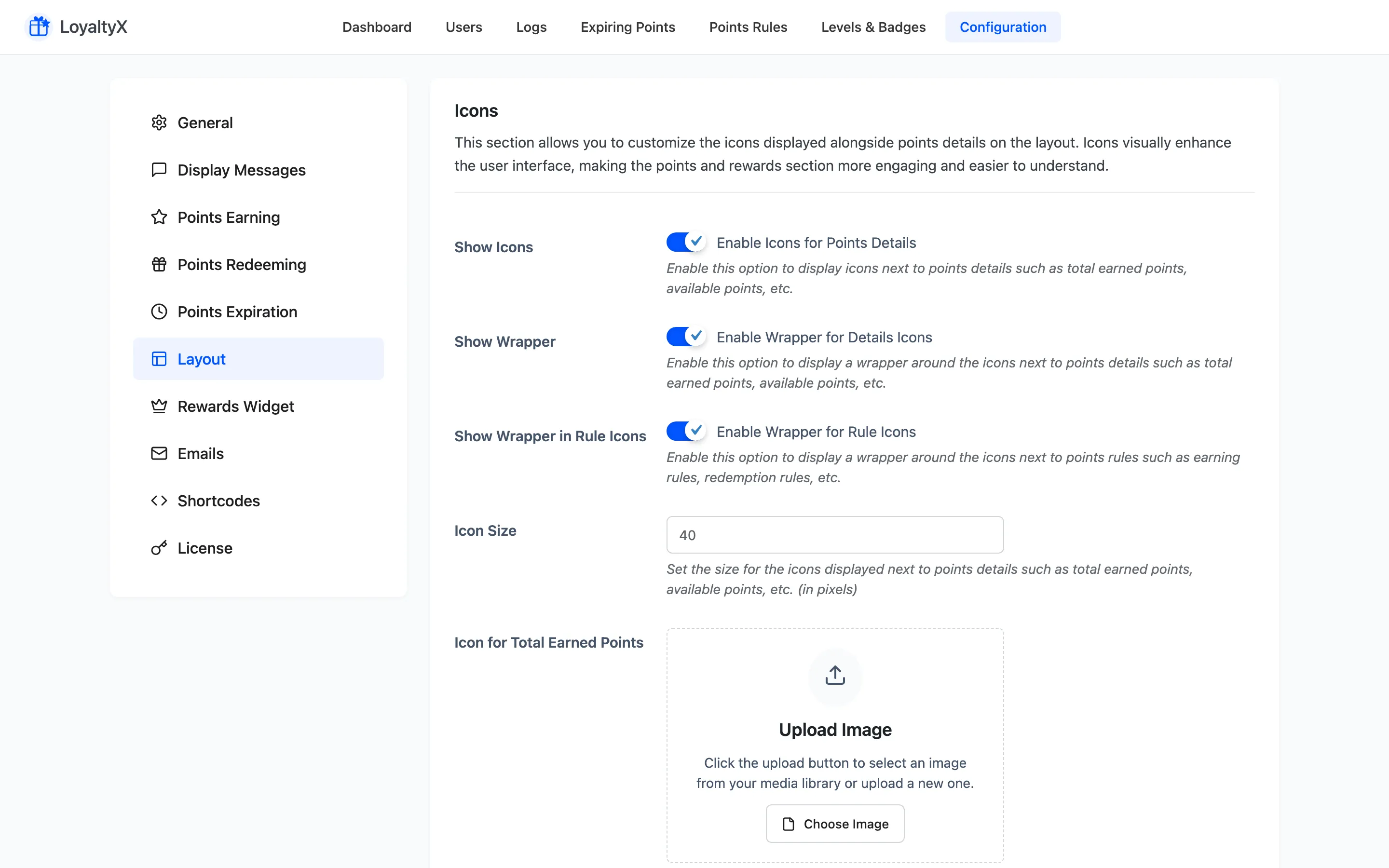 The LoyaltyX Layout settings with icon and color options for the rewards dashboard