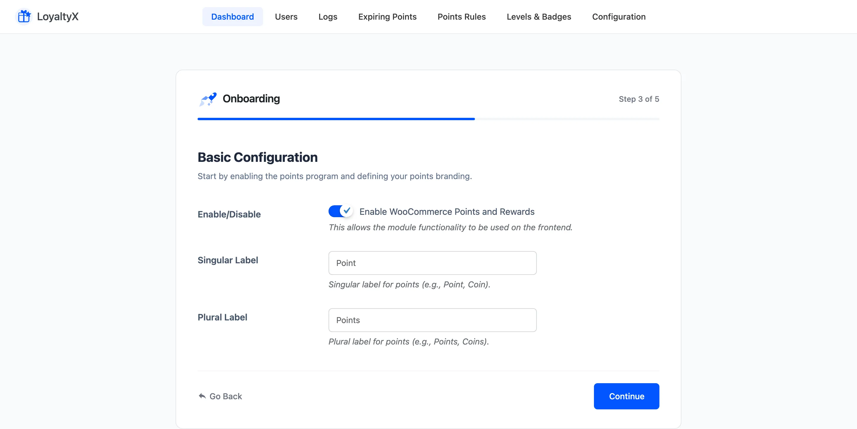 The setup wizard Basic Configuration step with the enable switch and point labels