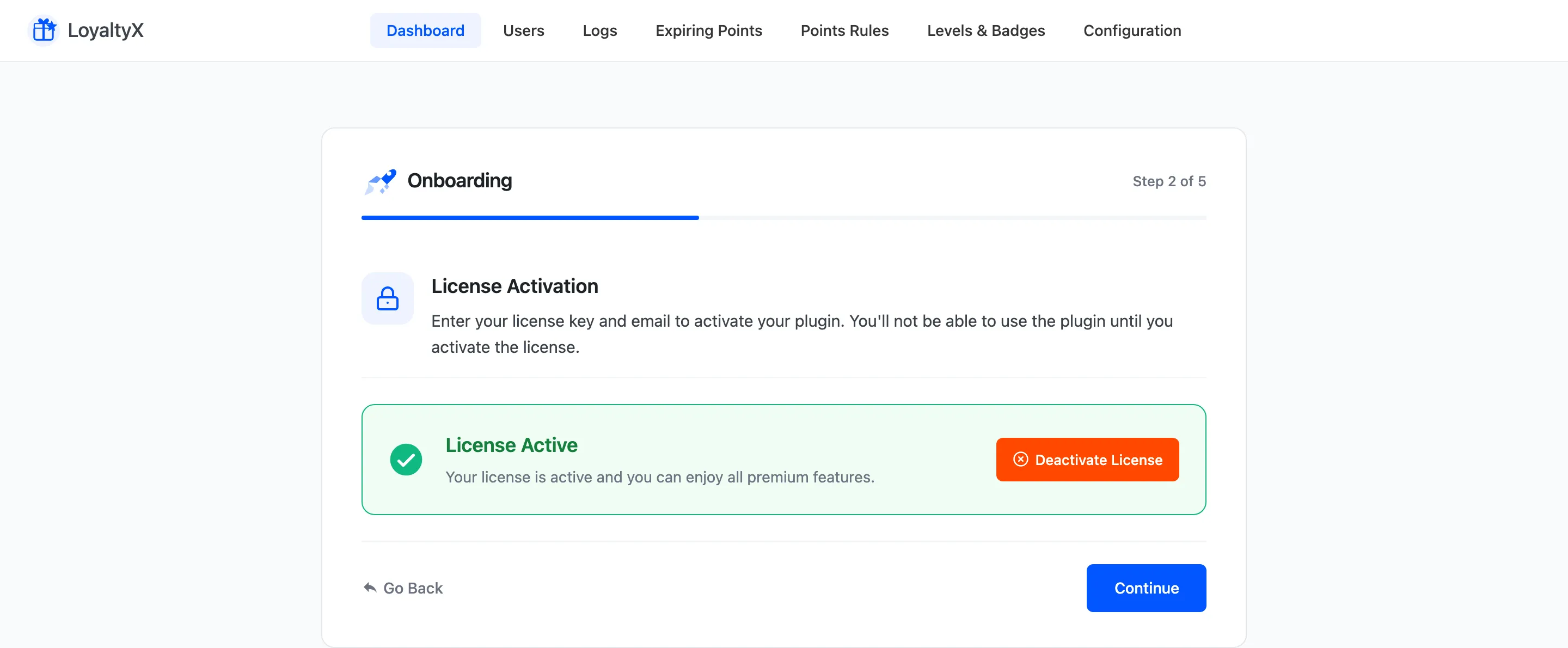 The setup wizard License step where a Pro key is activated