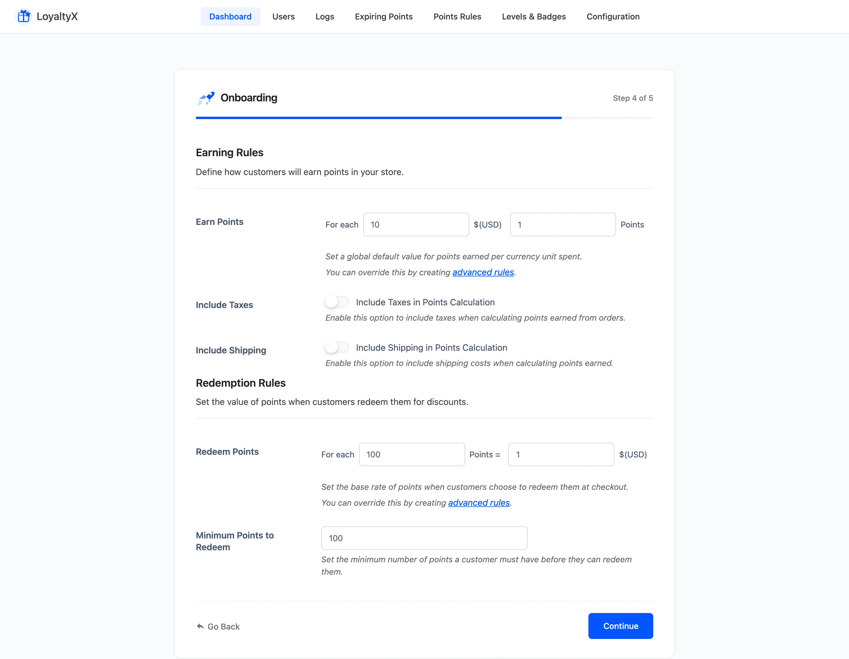 The setup wizard Points Rules step with earning and redemption rates