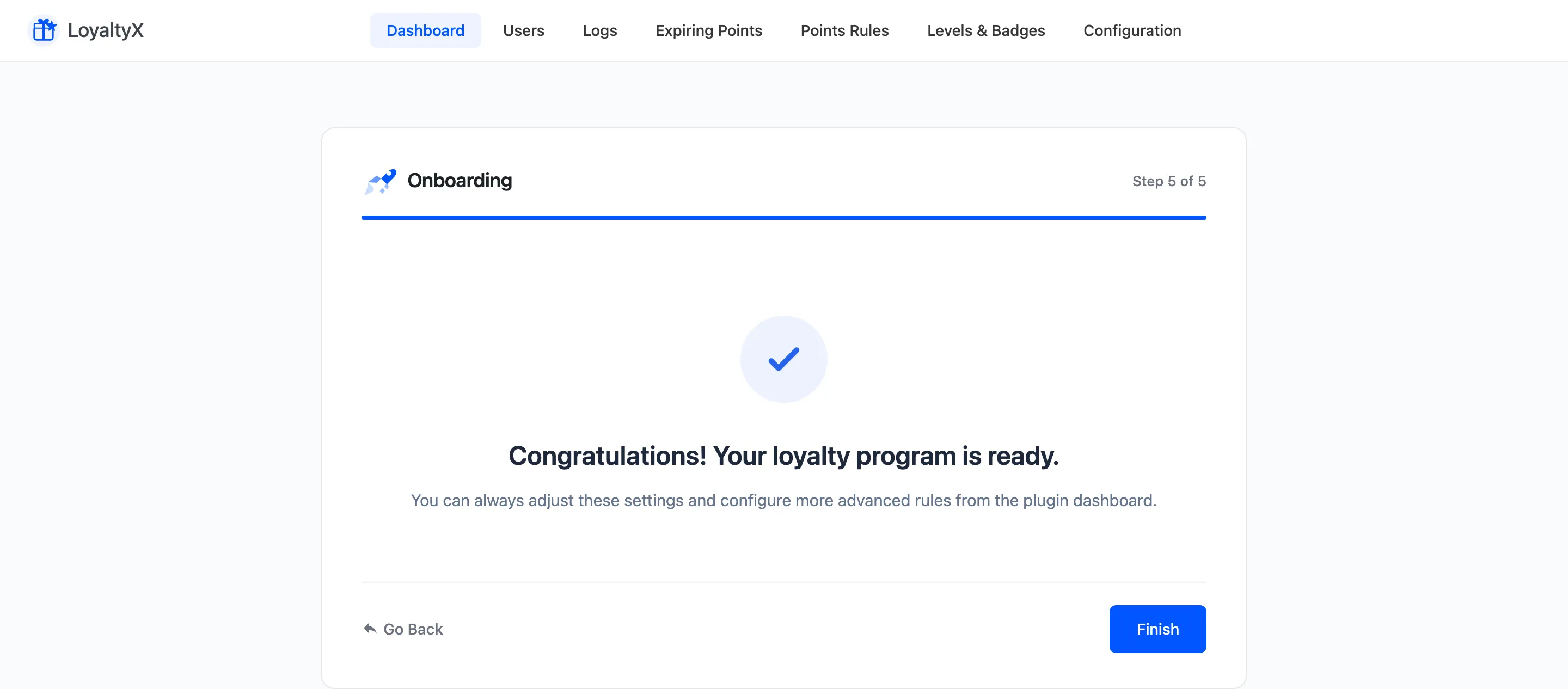 The setup wizard Ready screen confirming the loyalty program is live
