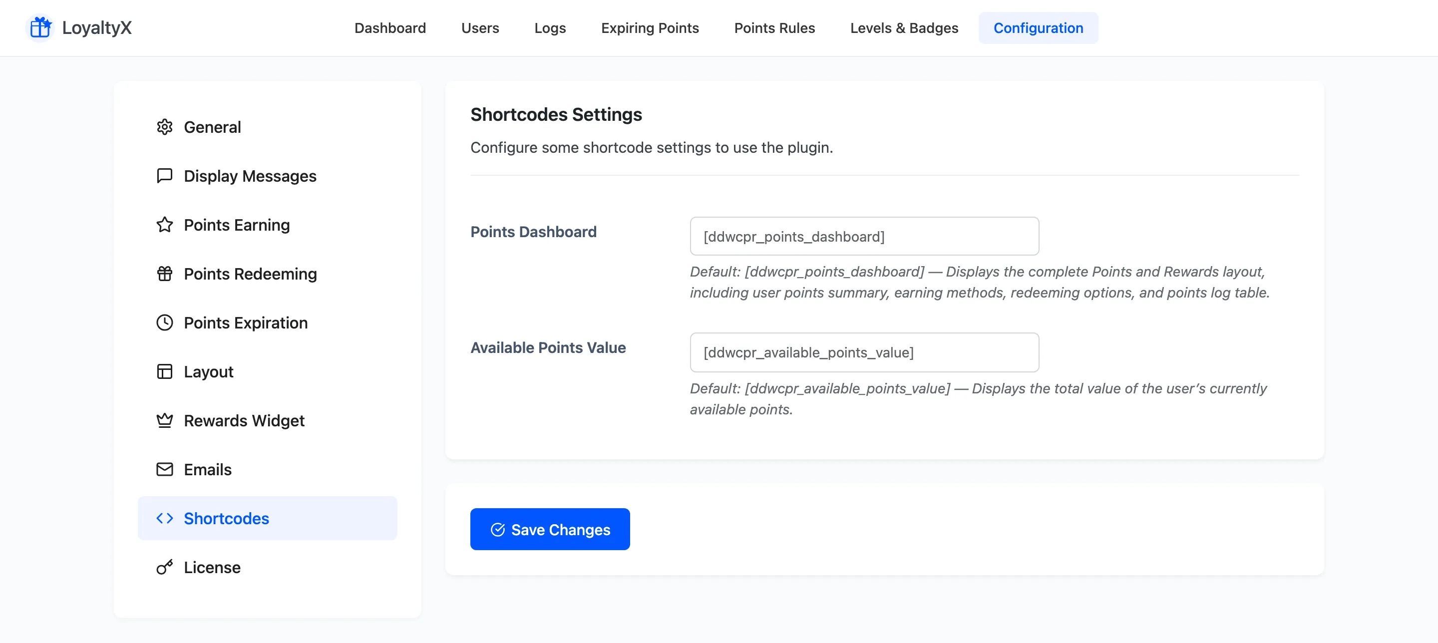 The LoyaltyX Shortcodes settings showing the two shortcode tags