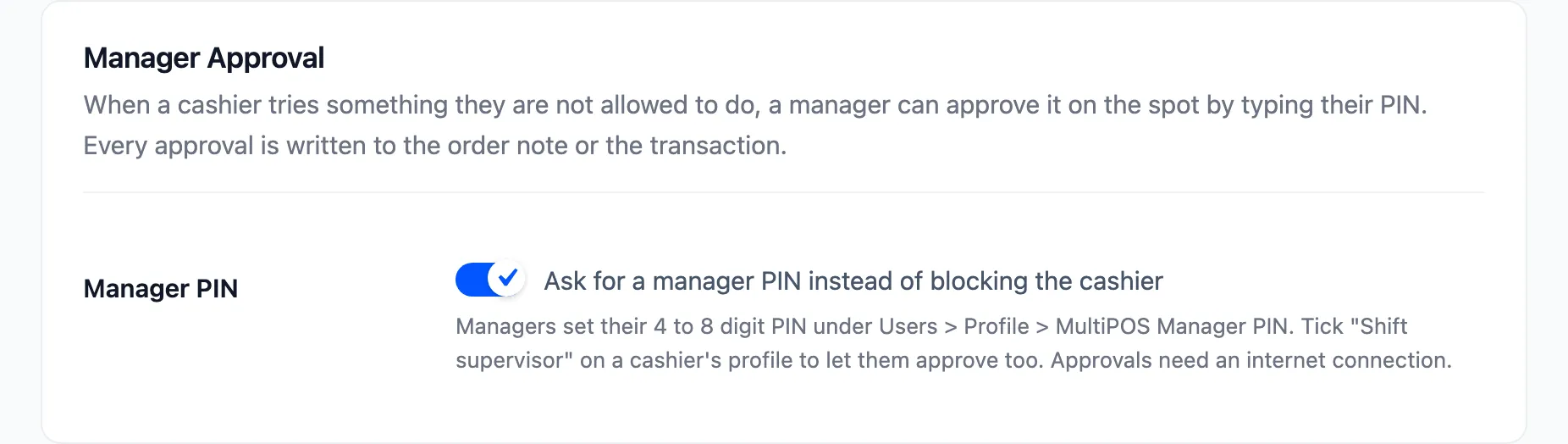 The Manager Approval section with the Manager PIN switch on