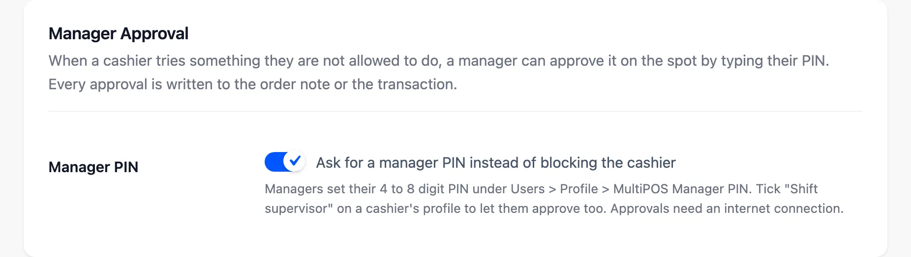 The Manager Approval section with the Manager PIN switch on