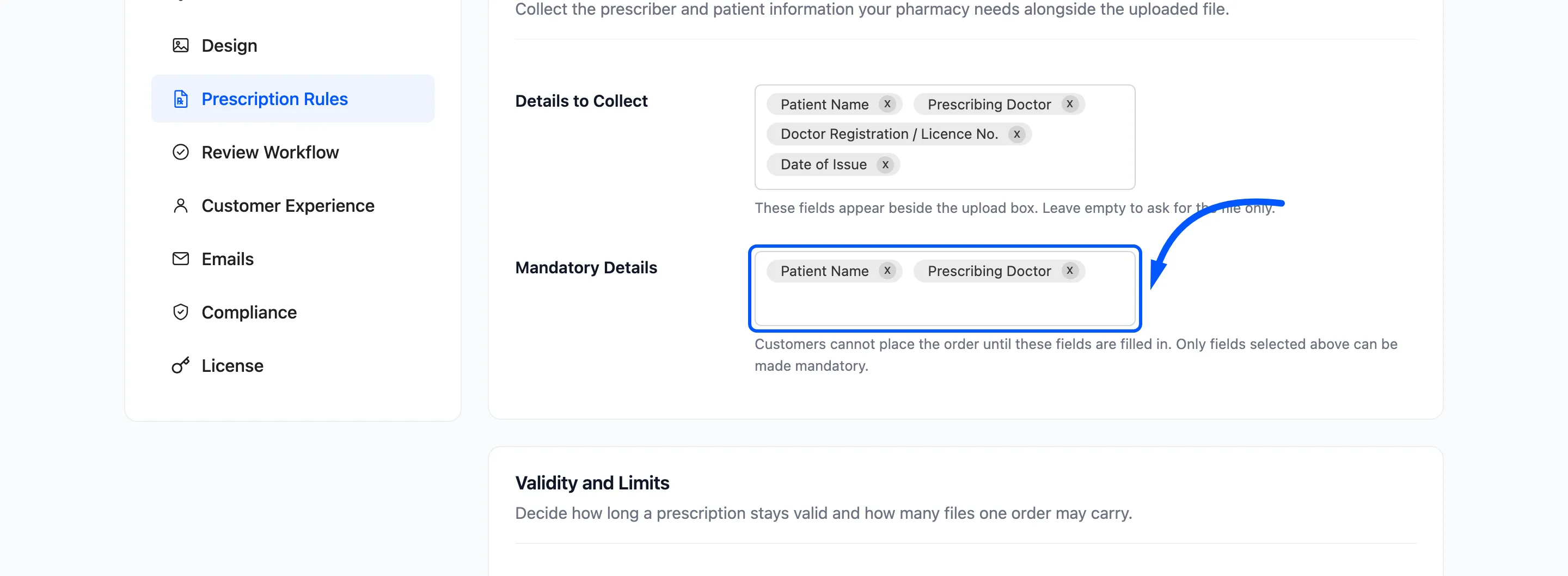 The Mandatory Details field with Patient Name and Prescribing Doctor
