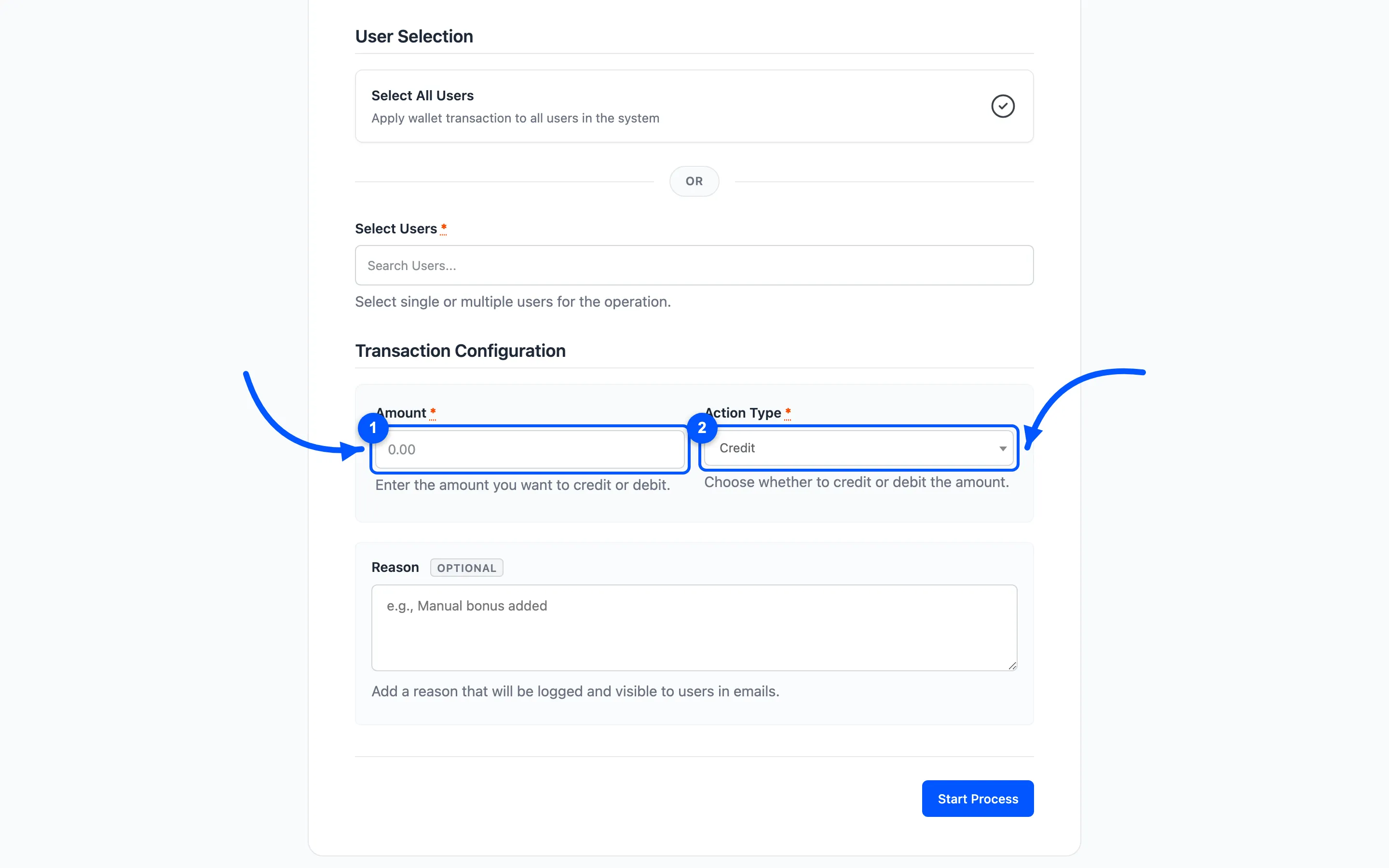 The Amount field and Action Type dropdown