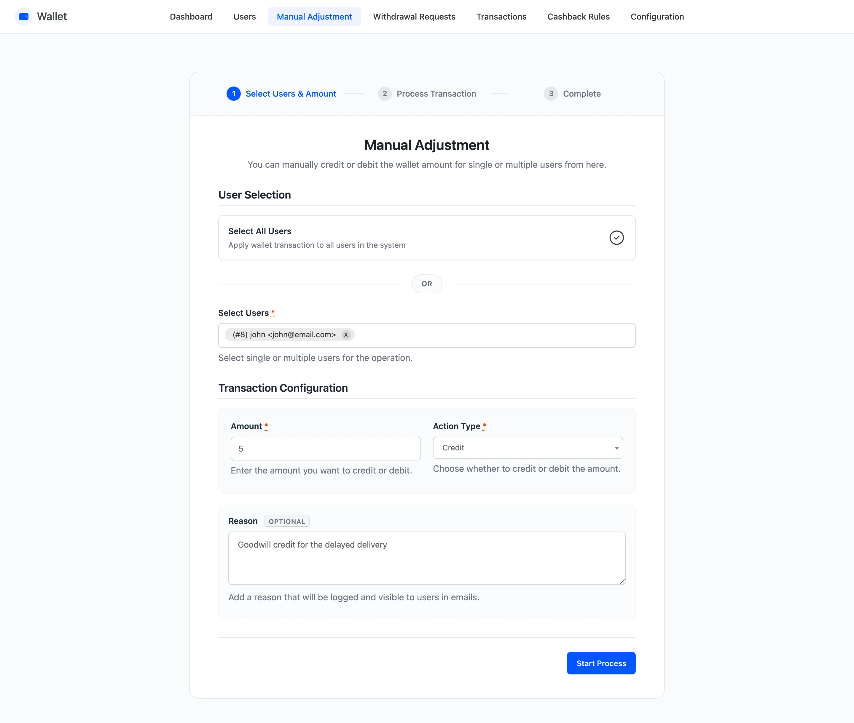 The manual adjustment form with its user, amount and reason fields