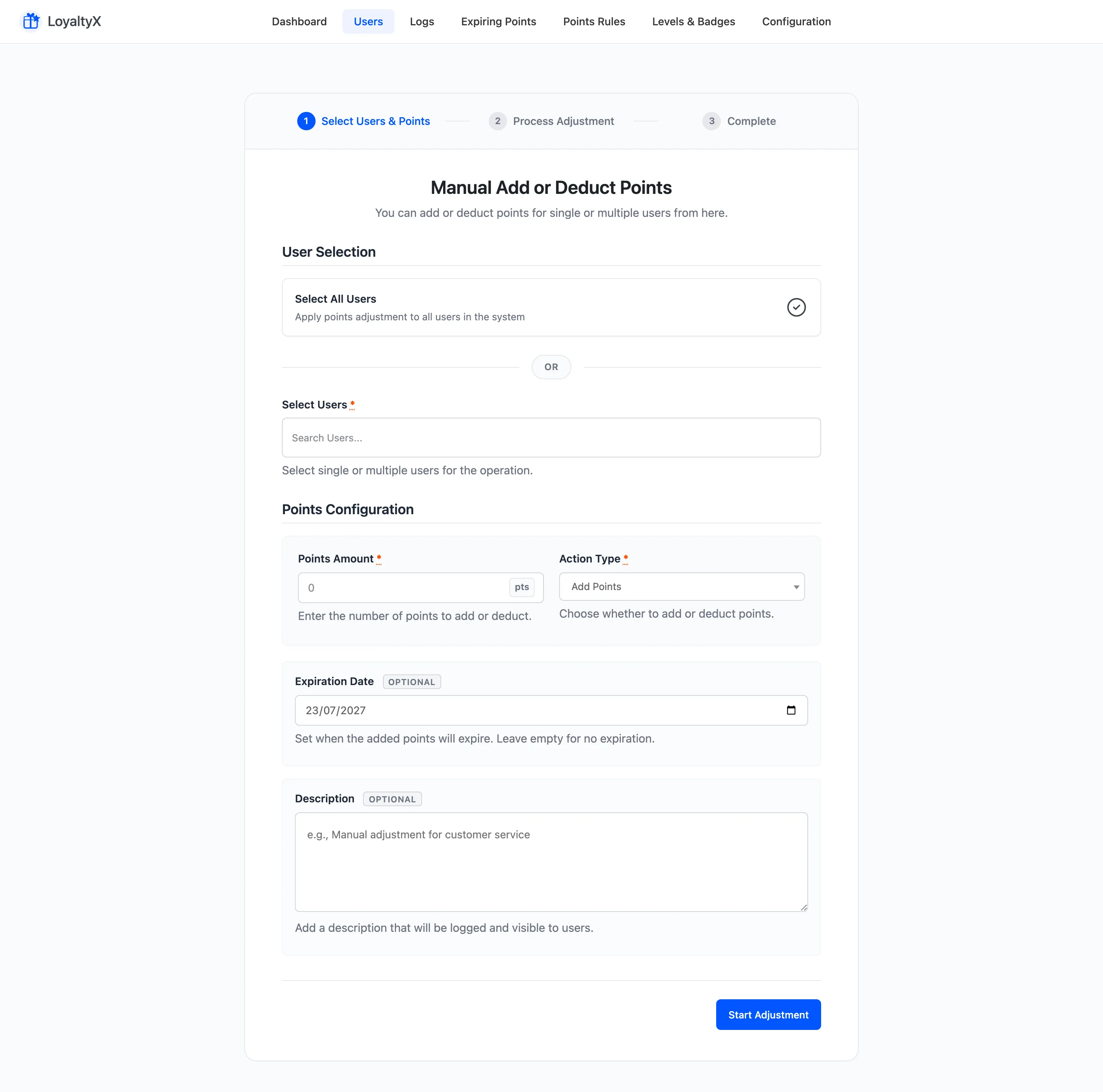 The LoyaltyX Manual Adjustment screen with user selection and points fields