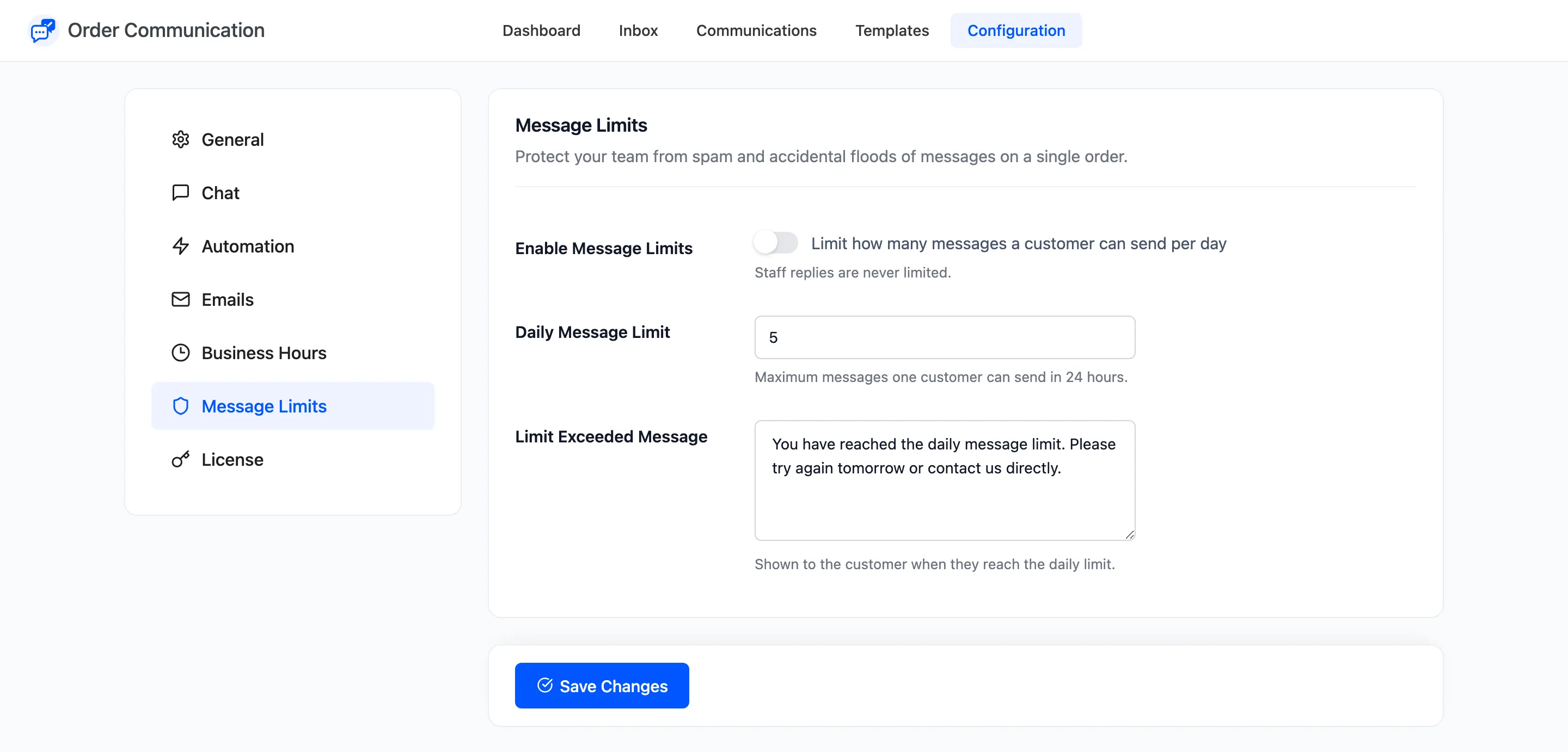 The Message Limits tab