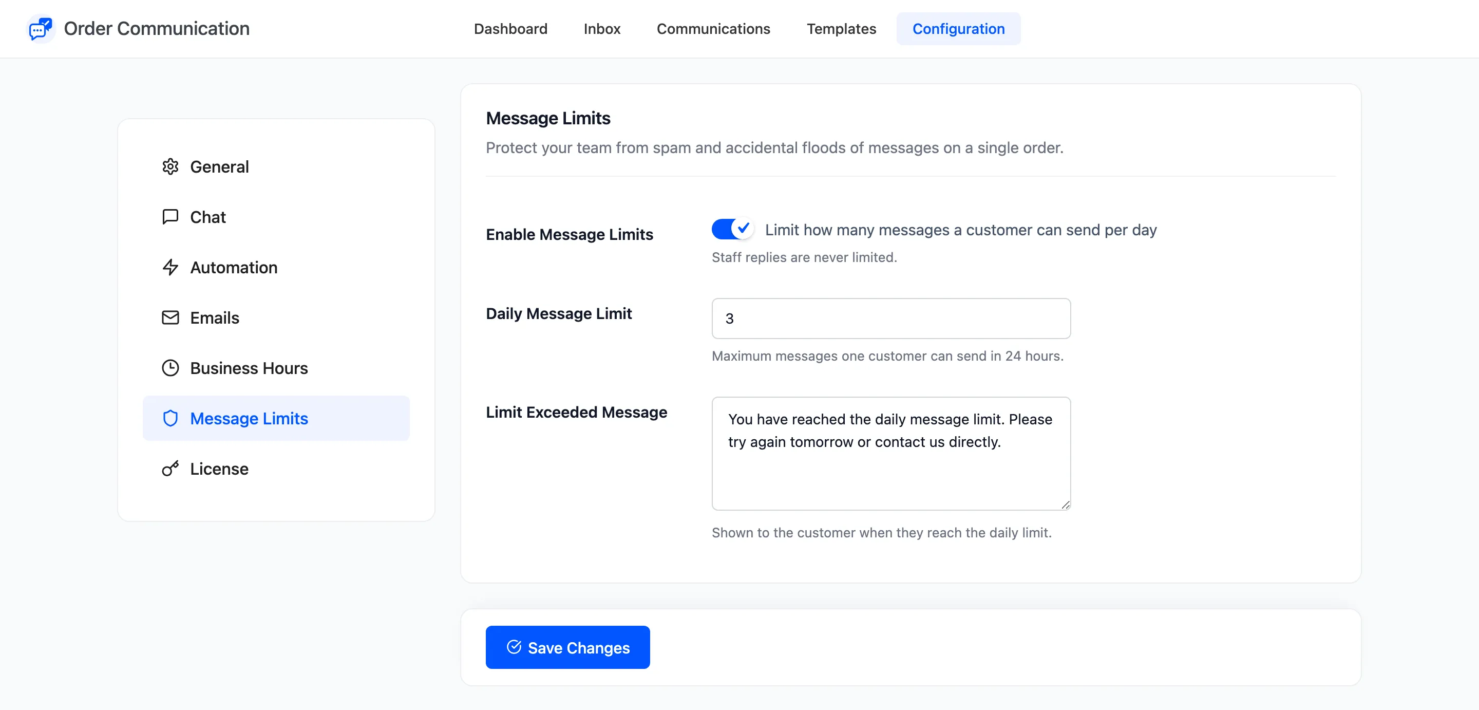 The Message Limits tab