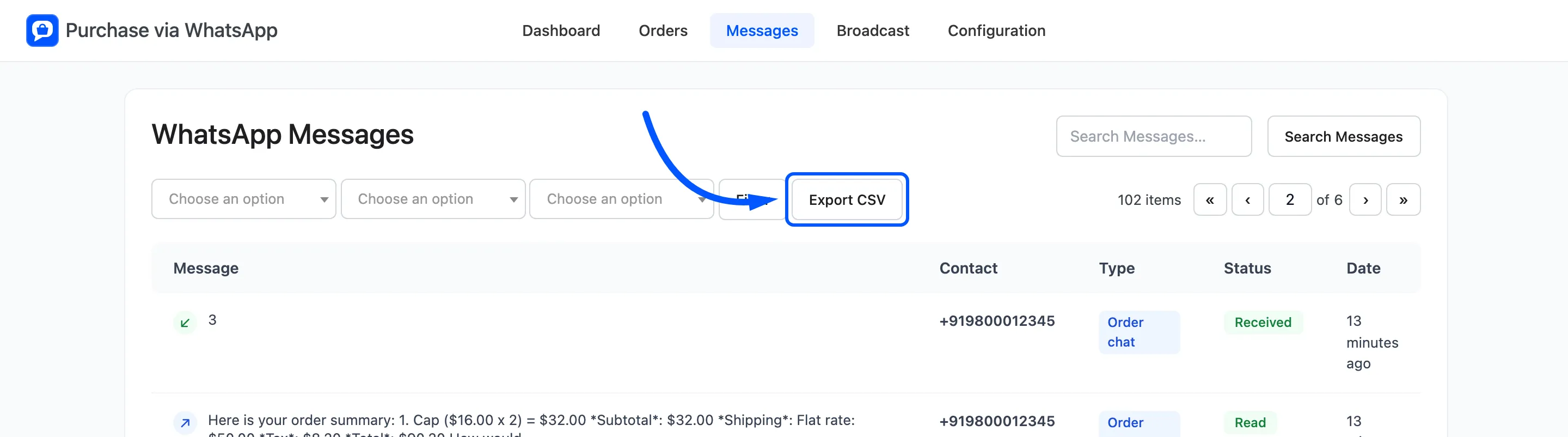 The Export CSV button boxed above the list