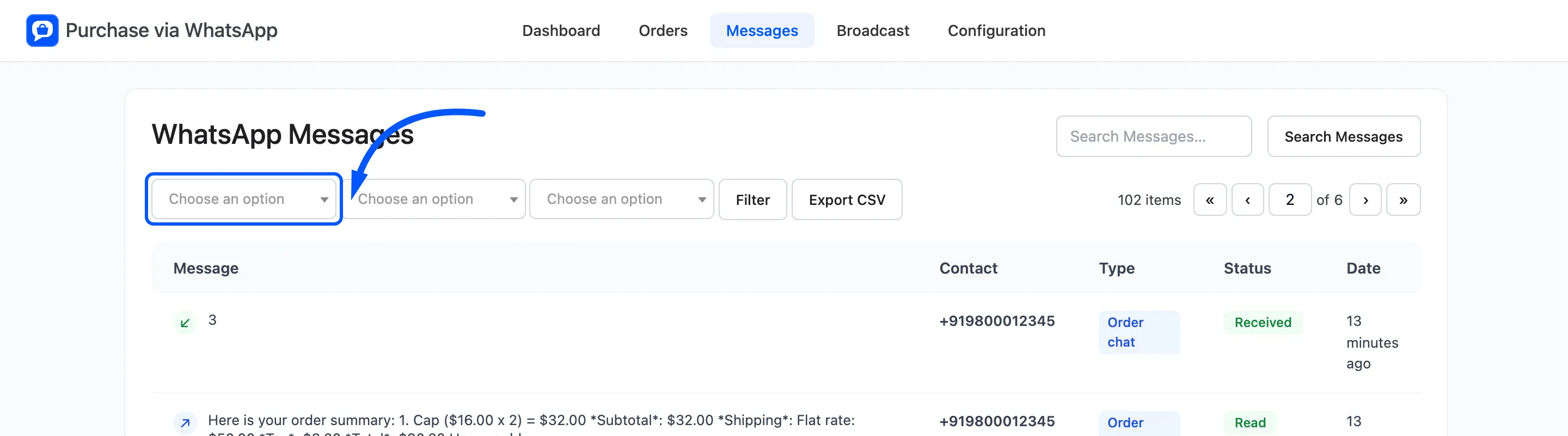 The status, direction and type filters above the list