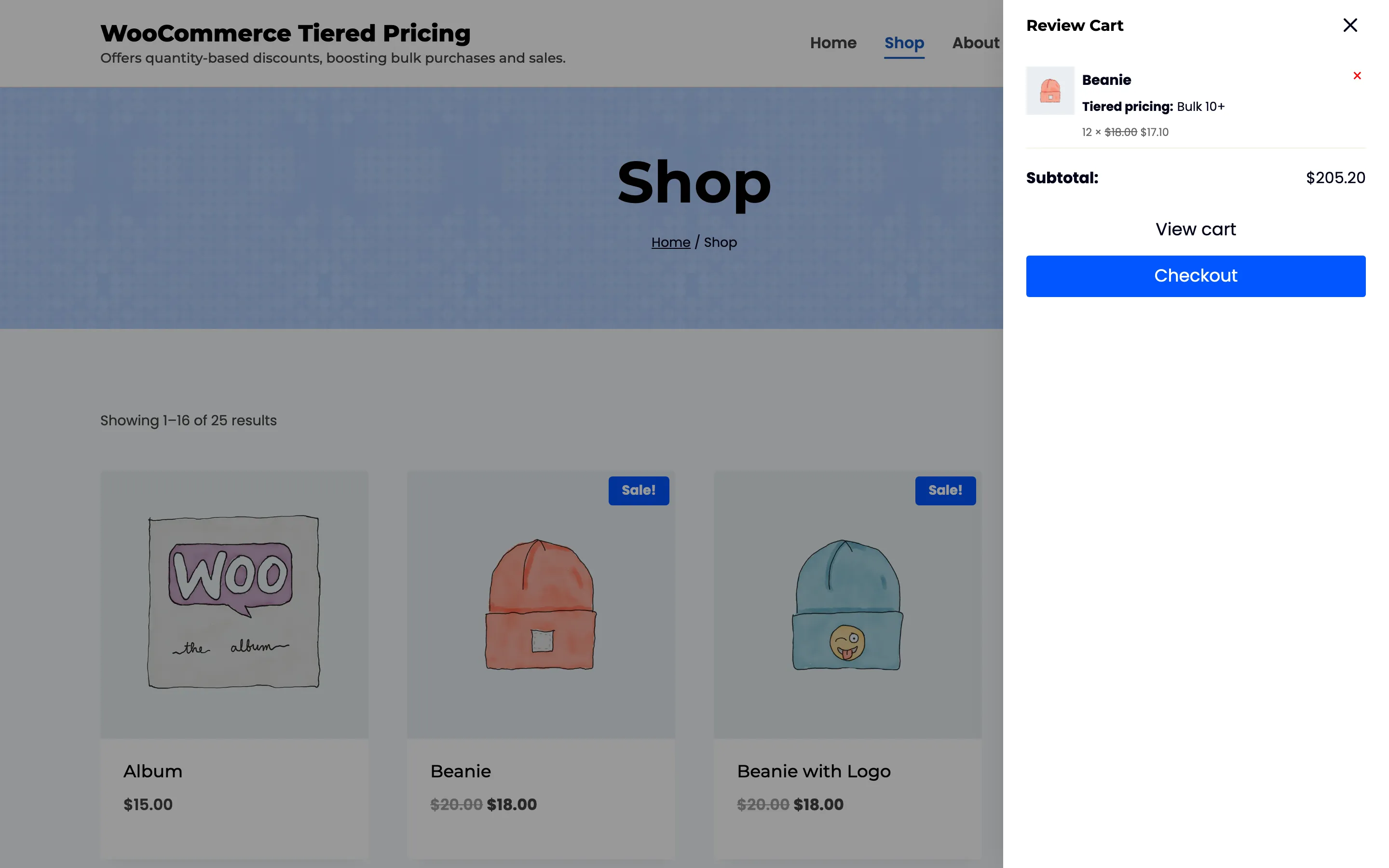 The mini cart drawer showing the Beanie line with the rule name and the struck-through price