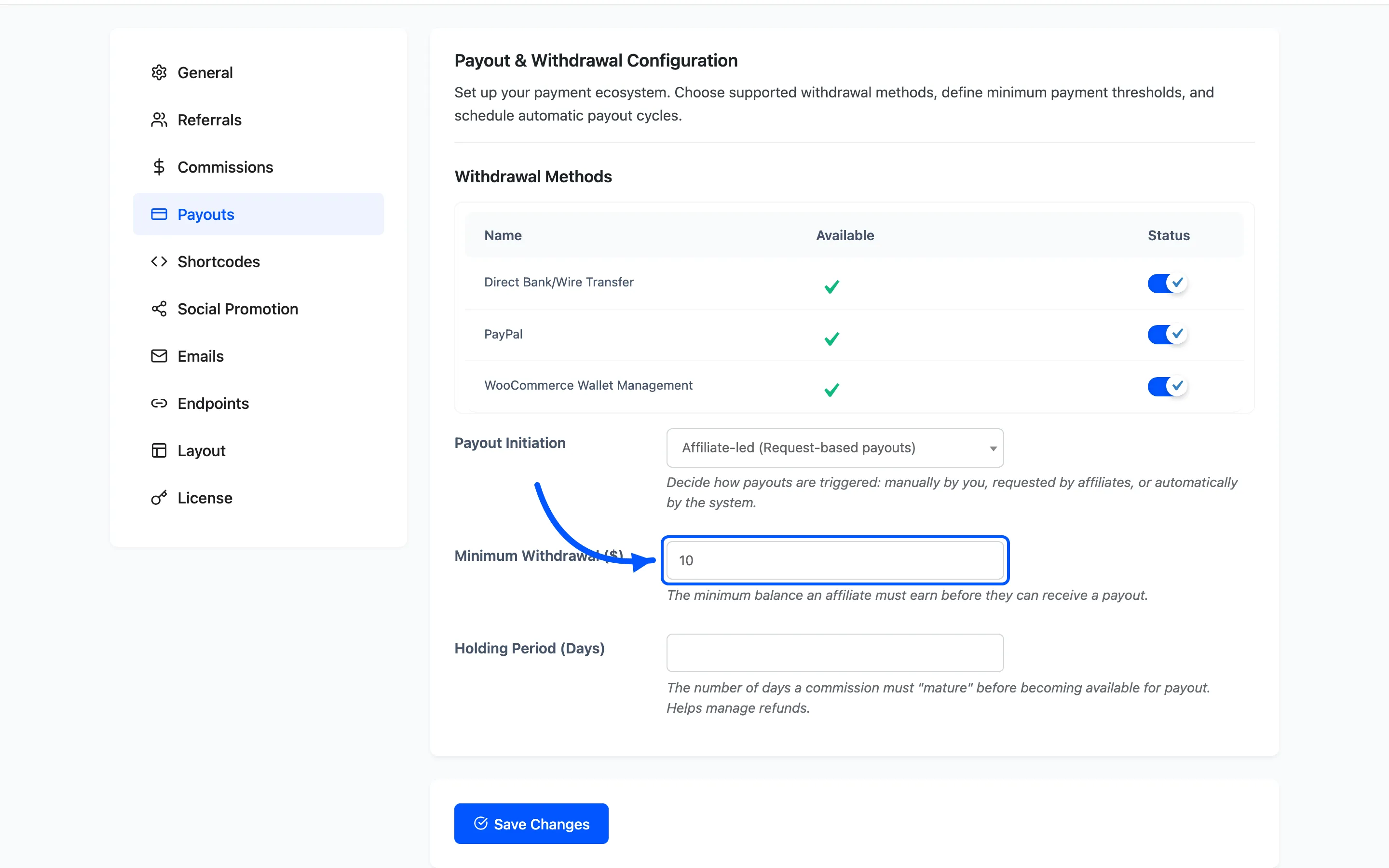 The Minimum Withdrawal field on the Payouts settings tab